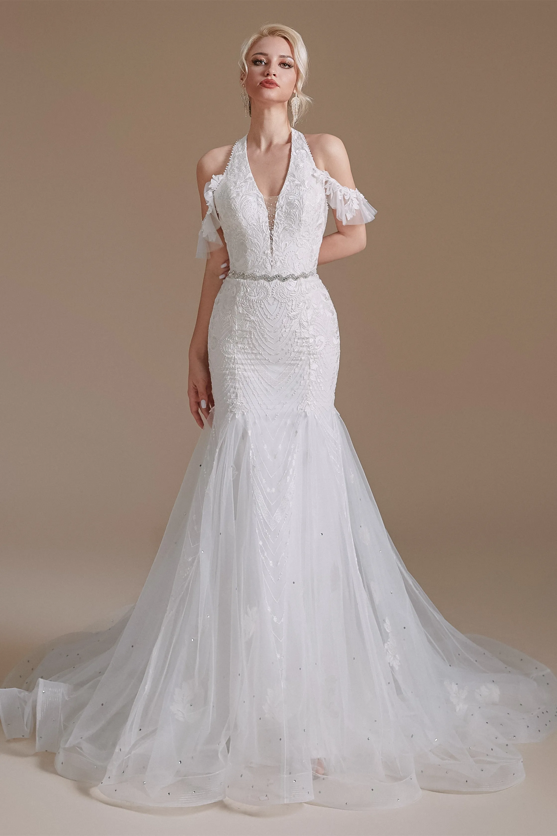 Cool Shouder V Neck Court Applique Mermaid Wedding Dress | Showprettydress Design
