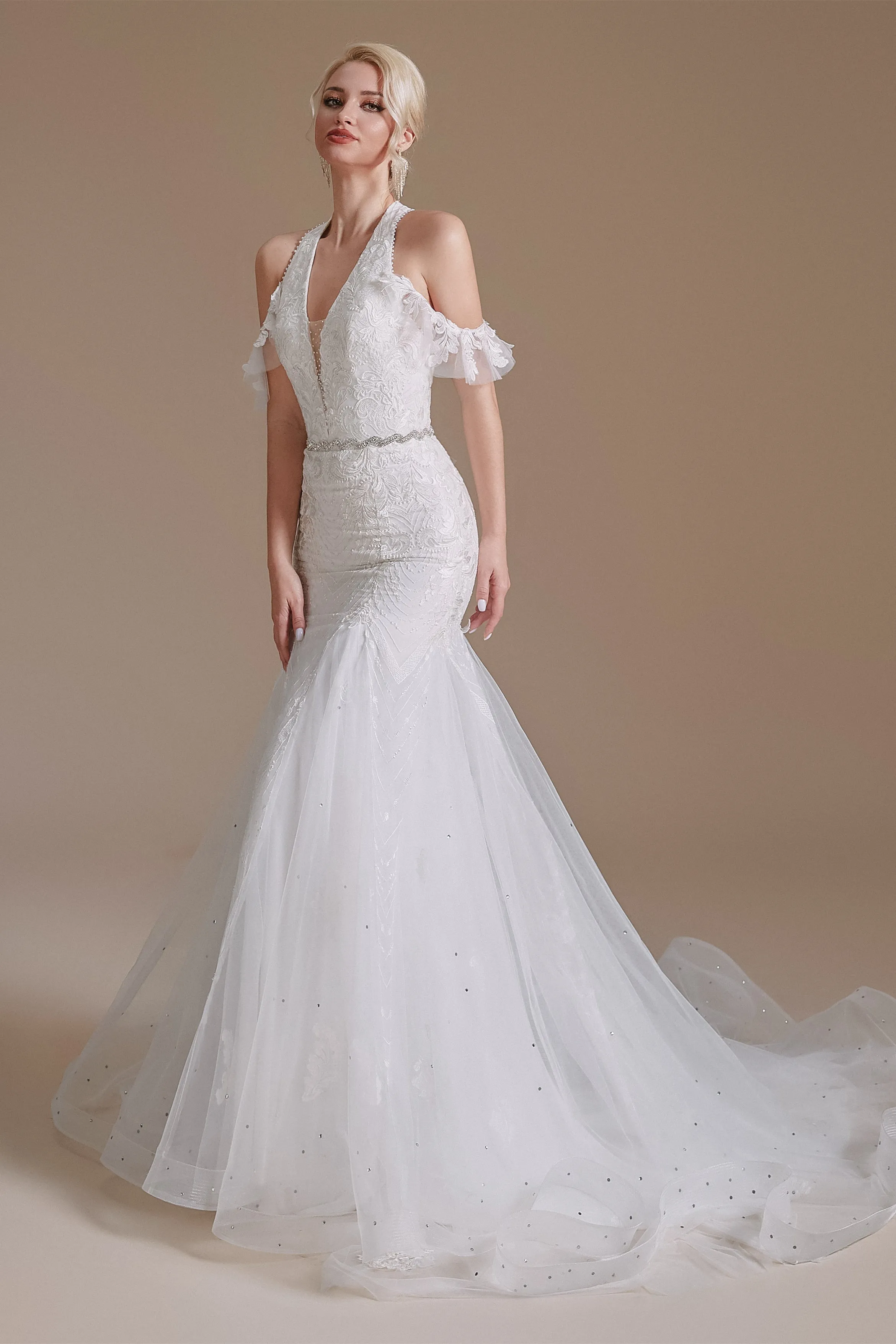Cool Shouder V Neck Court Applique Mermaid Wedding Dress | Showprettydress Design