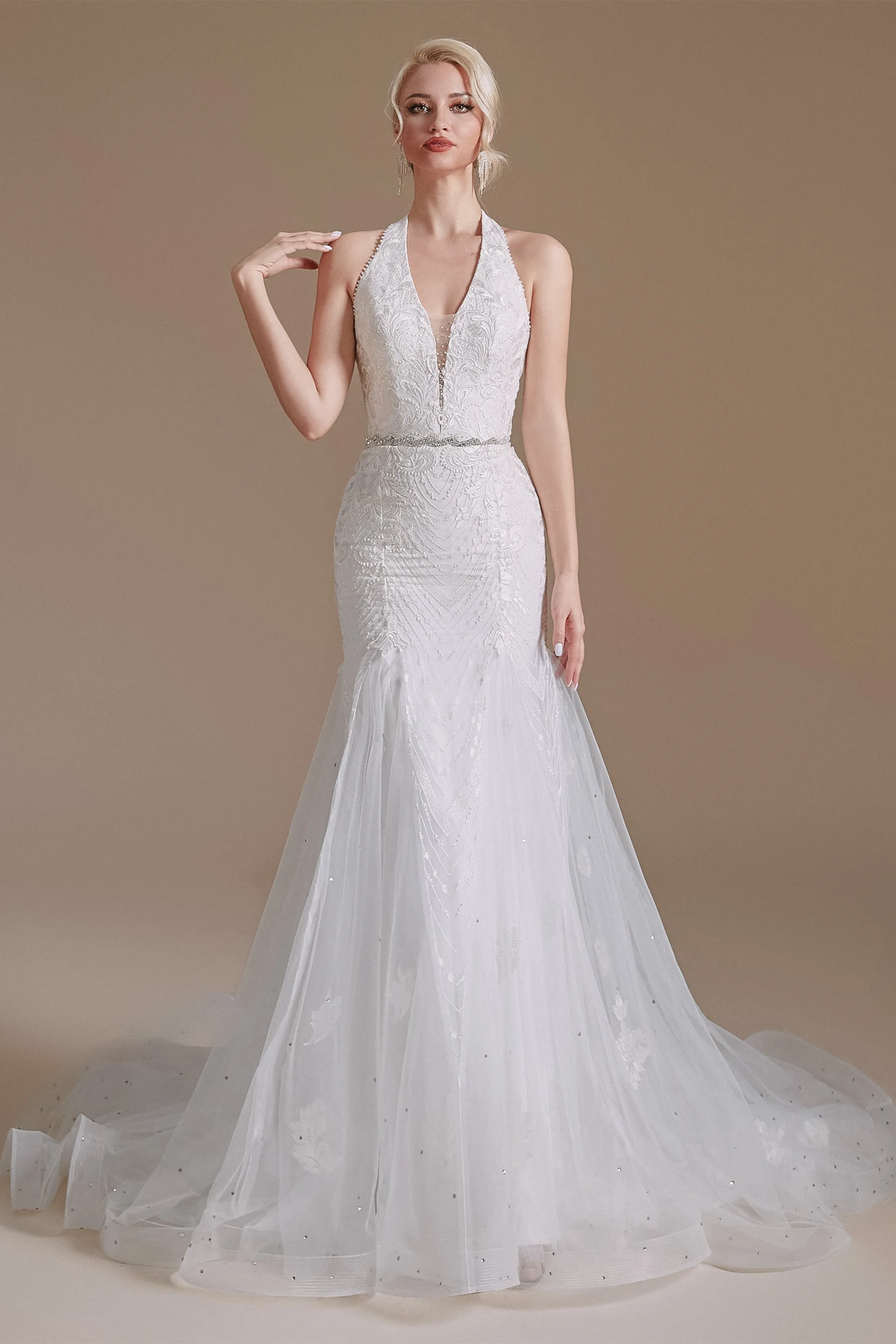Cool Shouder V Neck Court Applique Mermaid Wedding Dress | Showprettydress Design