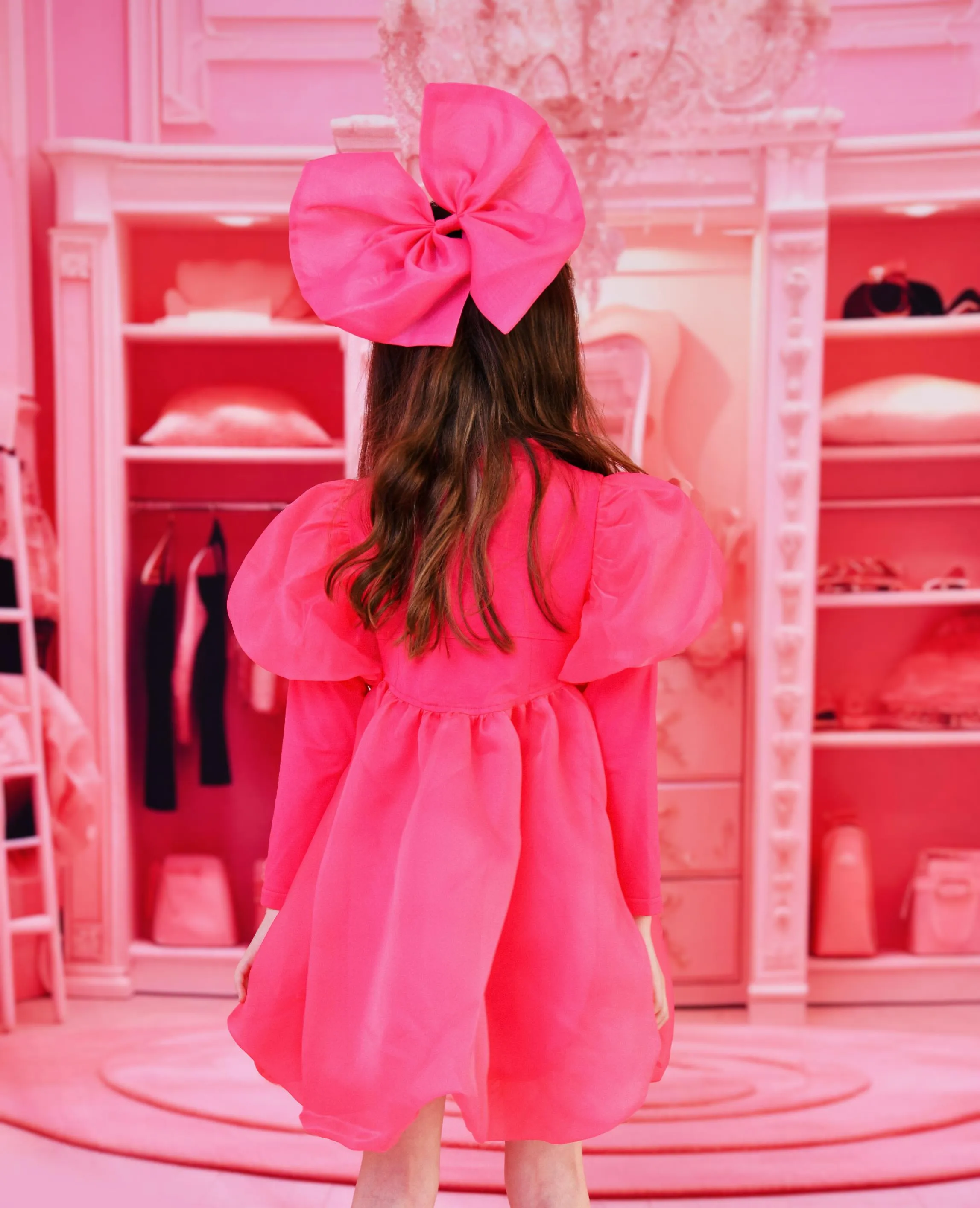 DOLLY WORLD PUFF LONG SLEEVE BALLOON ORGANZA DRESS WITH COTTON BODY barbiepink