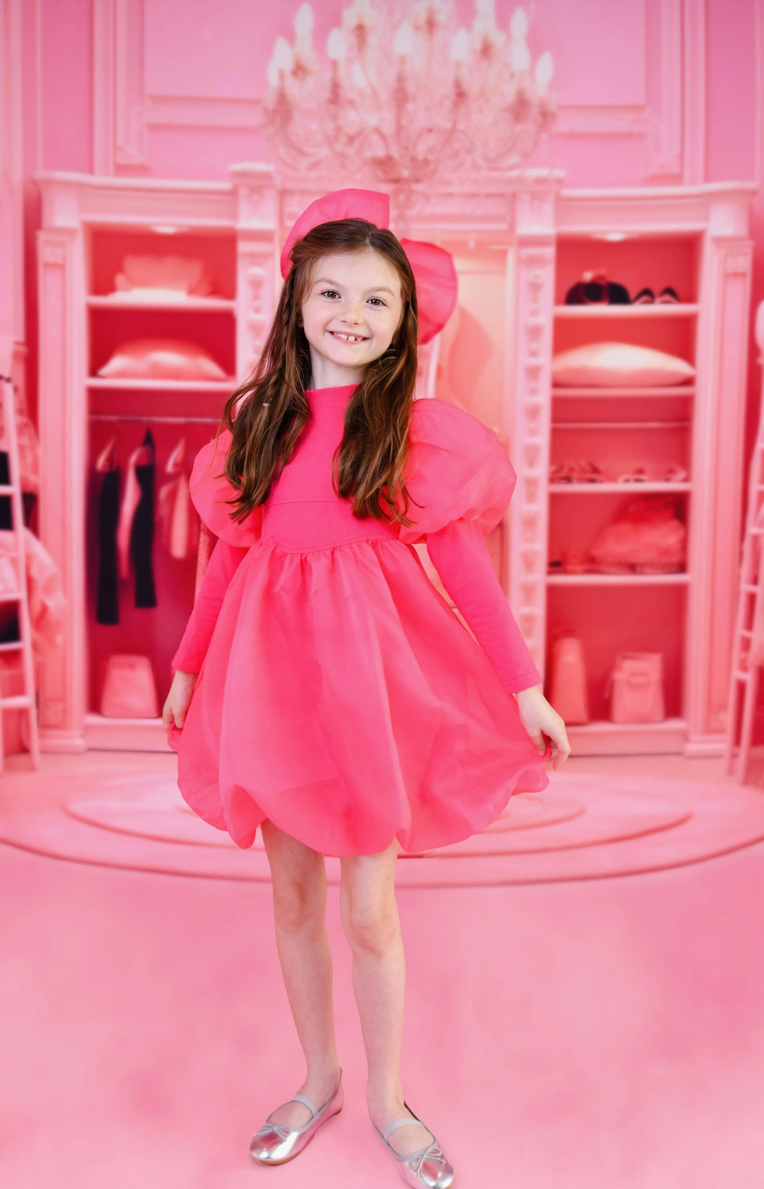 DOLLY WORLD PUFF LONG SLEEVE BALLOON ORGANZA DRESS WITH COTTON BODY barbiepink