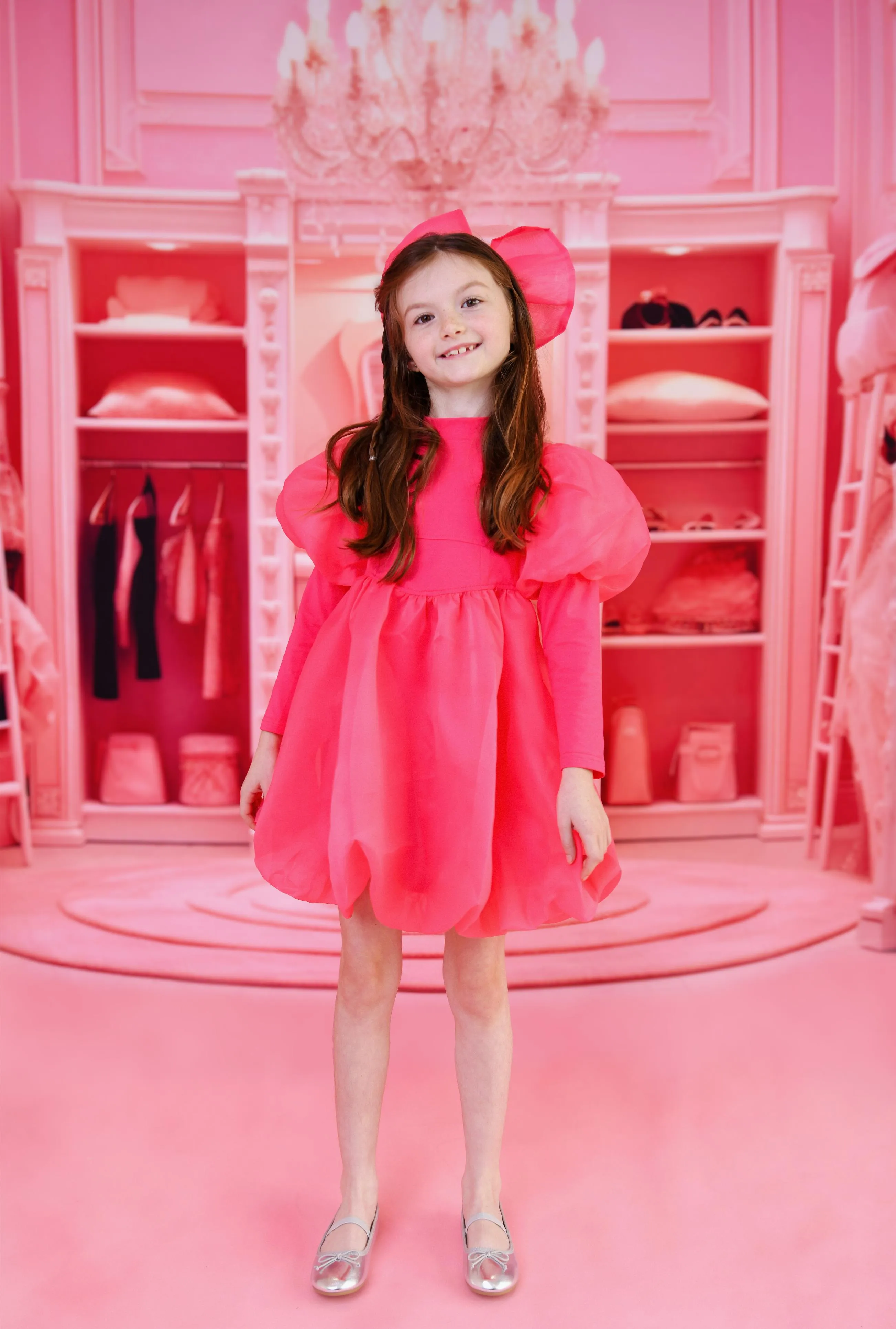 DOLLY WORLD PUFF LONG SLEEVE BALLOON ORGANZA DRESS WITH COTTON BODY barbiepink