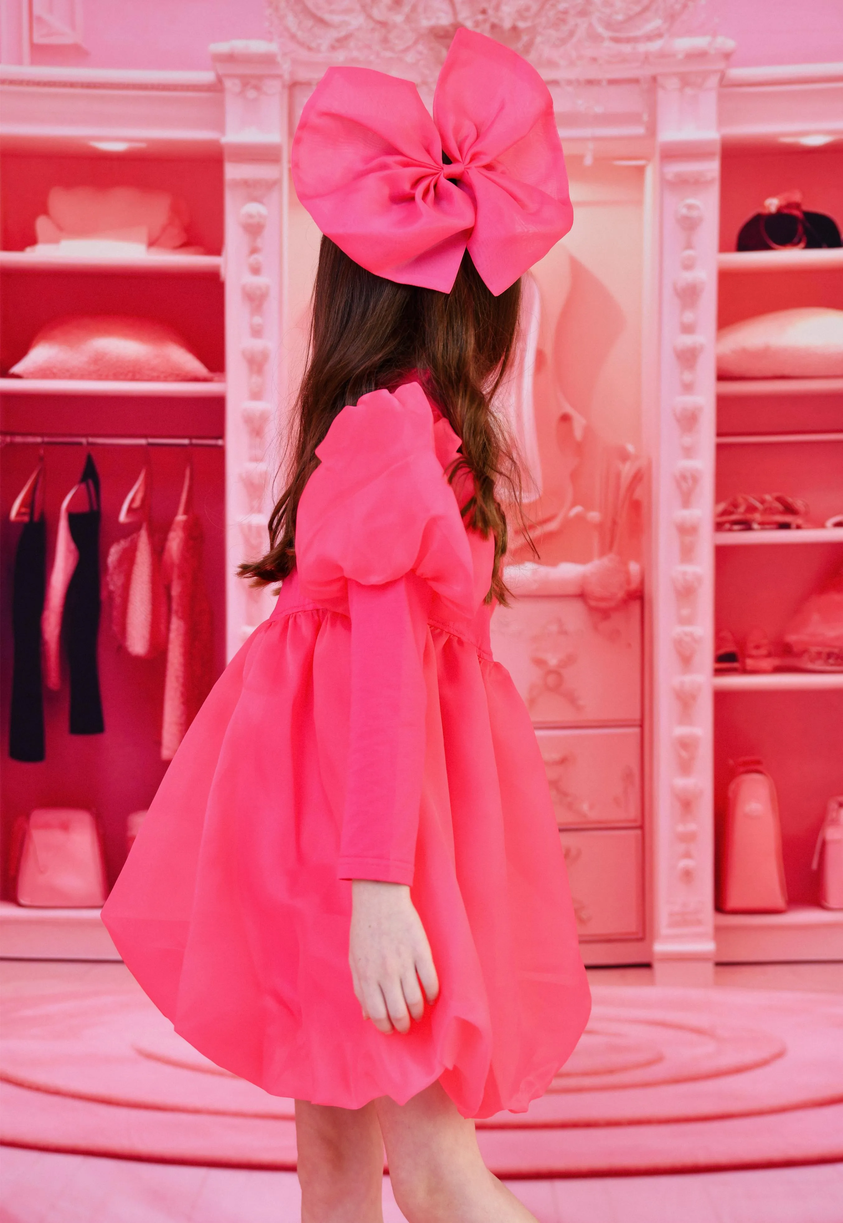 DOLLY WORLD PUFF LONG SLEEVE BALLOON ORGANZA DRESS WITH COTTON BODY barbiepink