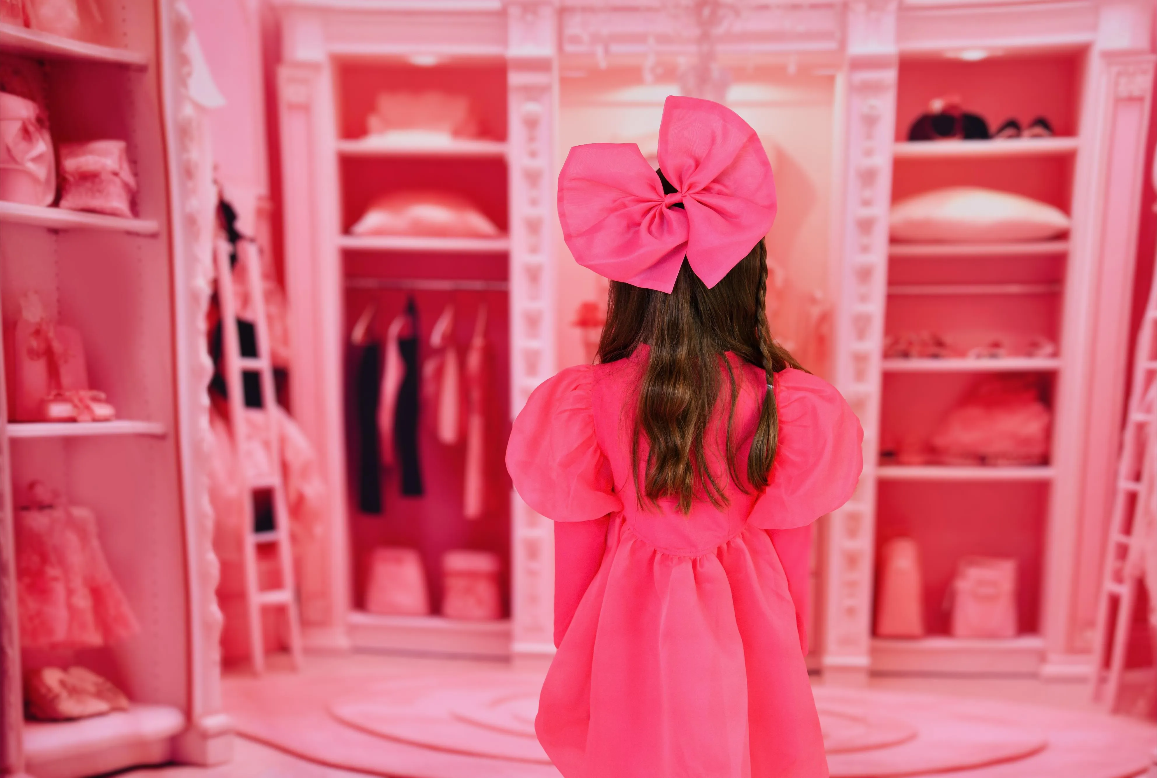DOLLY WORLD PUFF LONG SLEEVE BALLOON ORGANZA DRESS WITH COTTON BODY barbiepink