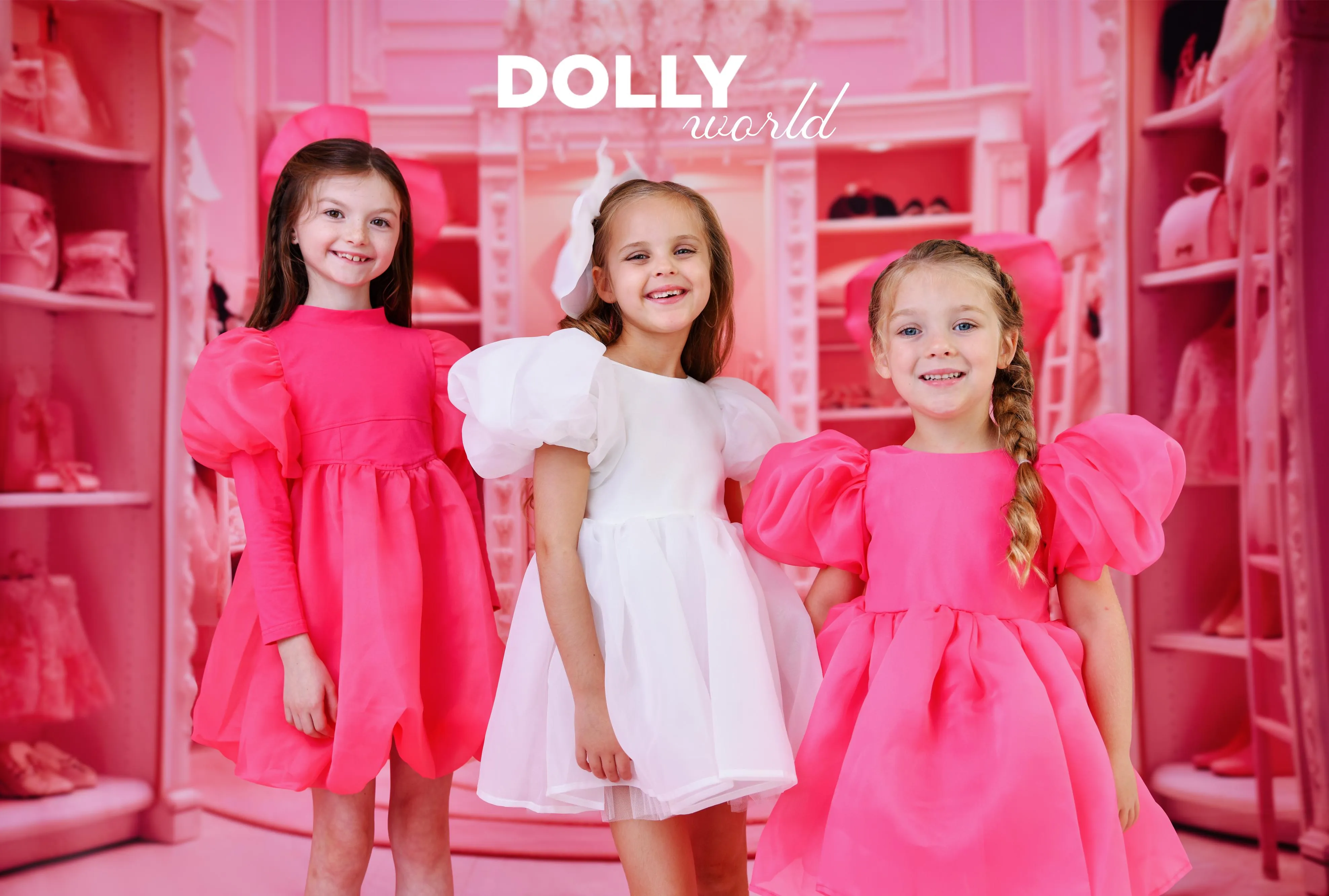 DOLLY WORLD PUFF LONG SLEEVE BALLOON ORGANZA DRESS WITH COTTON BODY barbiepink