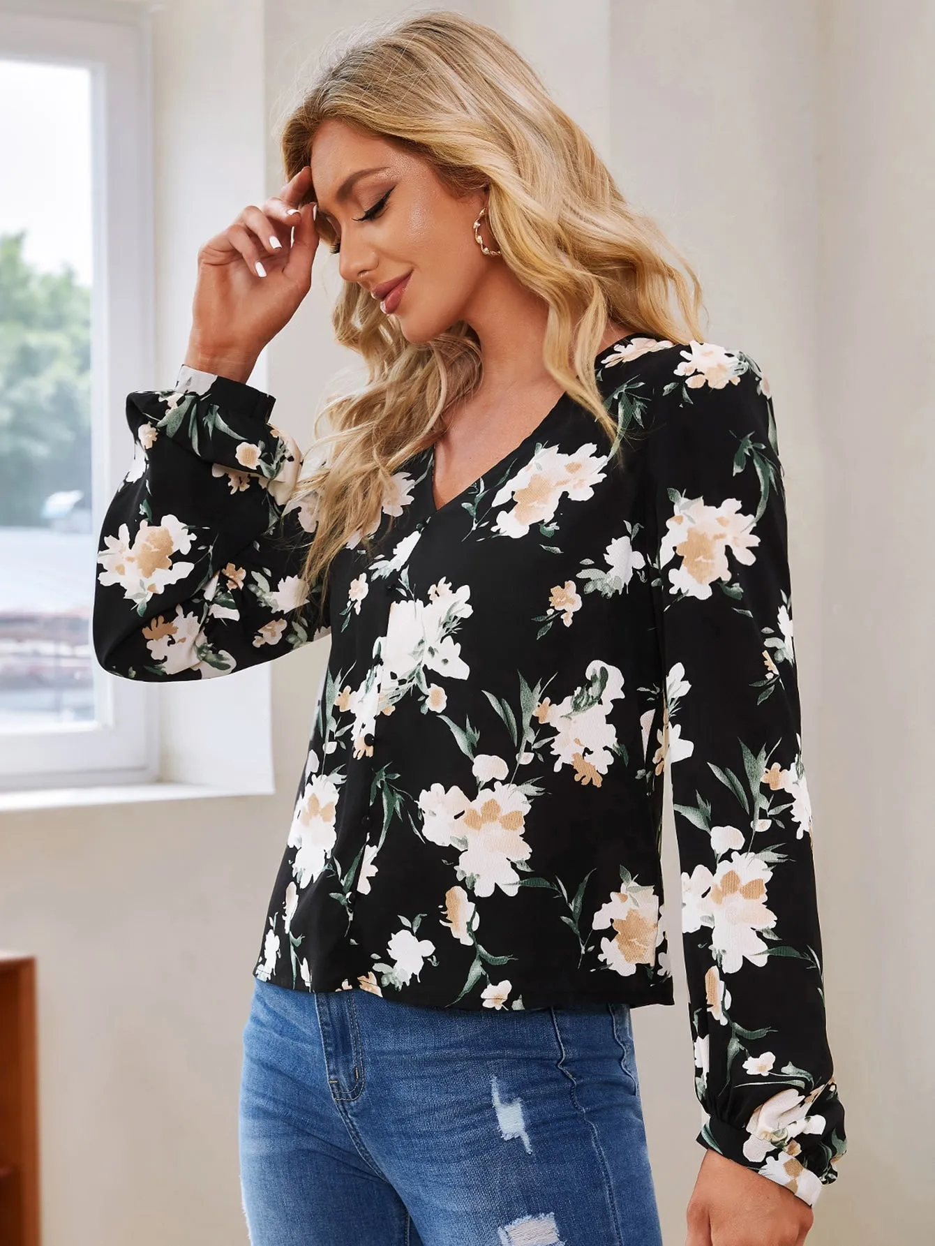 Elegant Floral Long Sleeve V Neck Asymmetrical Regular Blouse