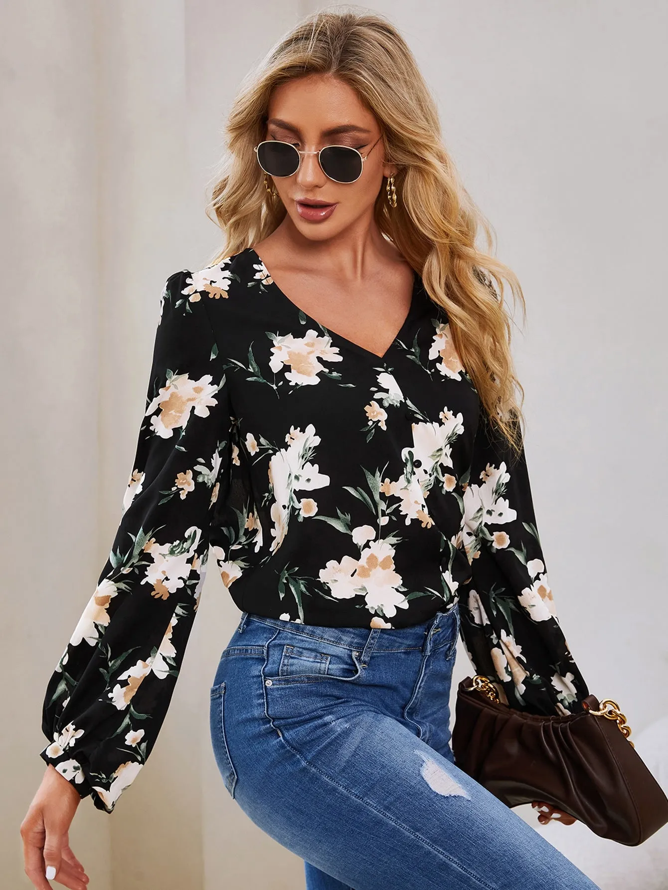 Elegant Floral Long Sleeve V Neck Asymmetrical Regular Blouse