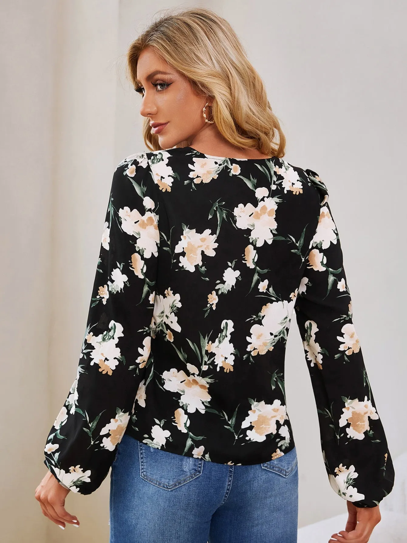 Elegant Floral Long Sleeve V Neck Asymmetrical Regular Blouse
