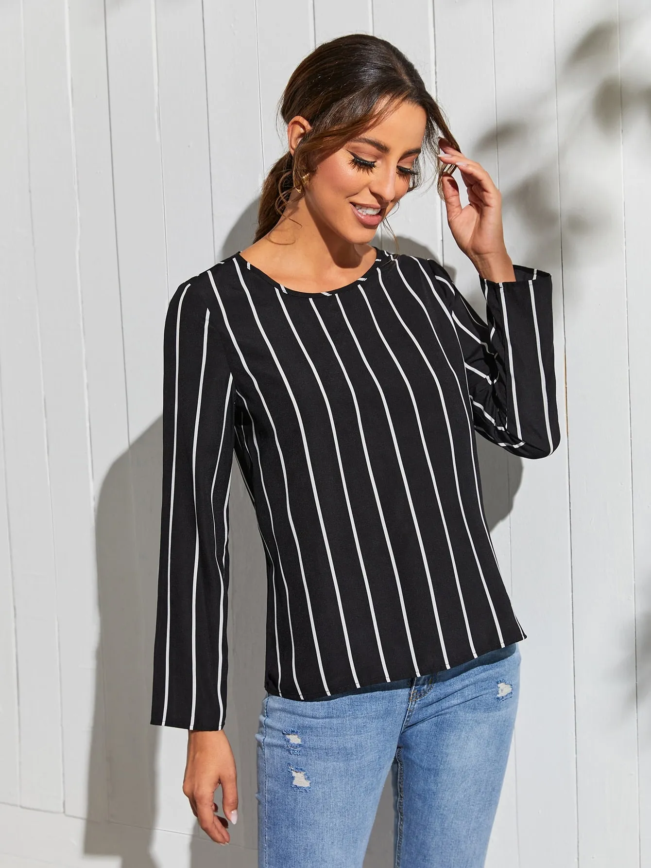 Elegant Striped Long Sleeve Round Neck Regular Blouse
