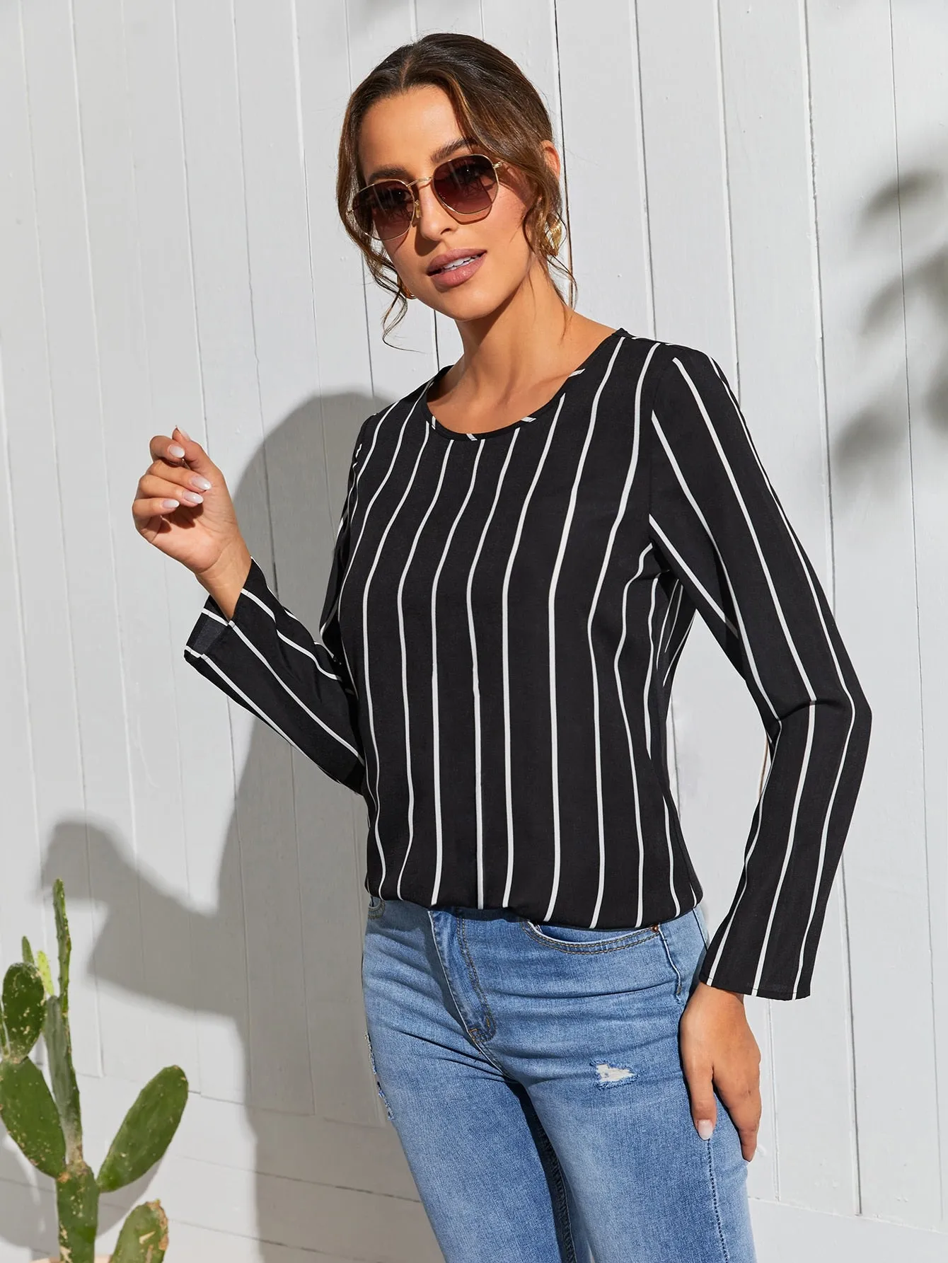 Elegant Striped Long Sleeve Round Neck Regular Blouse