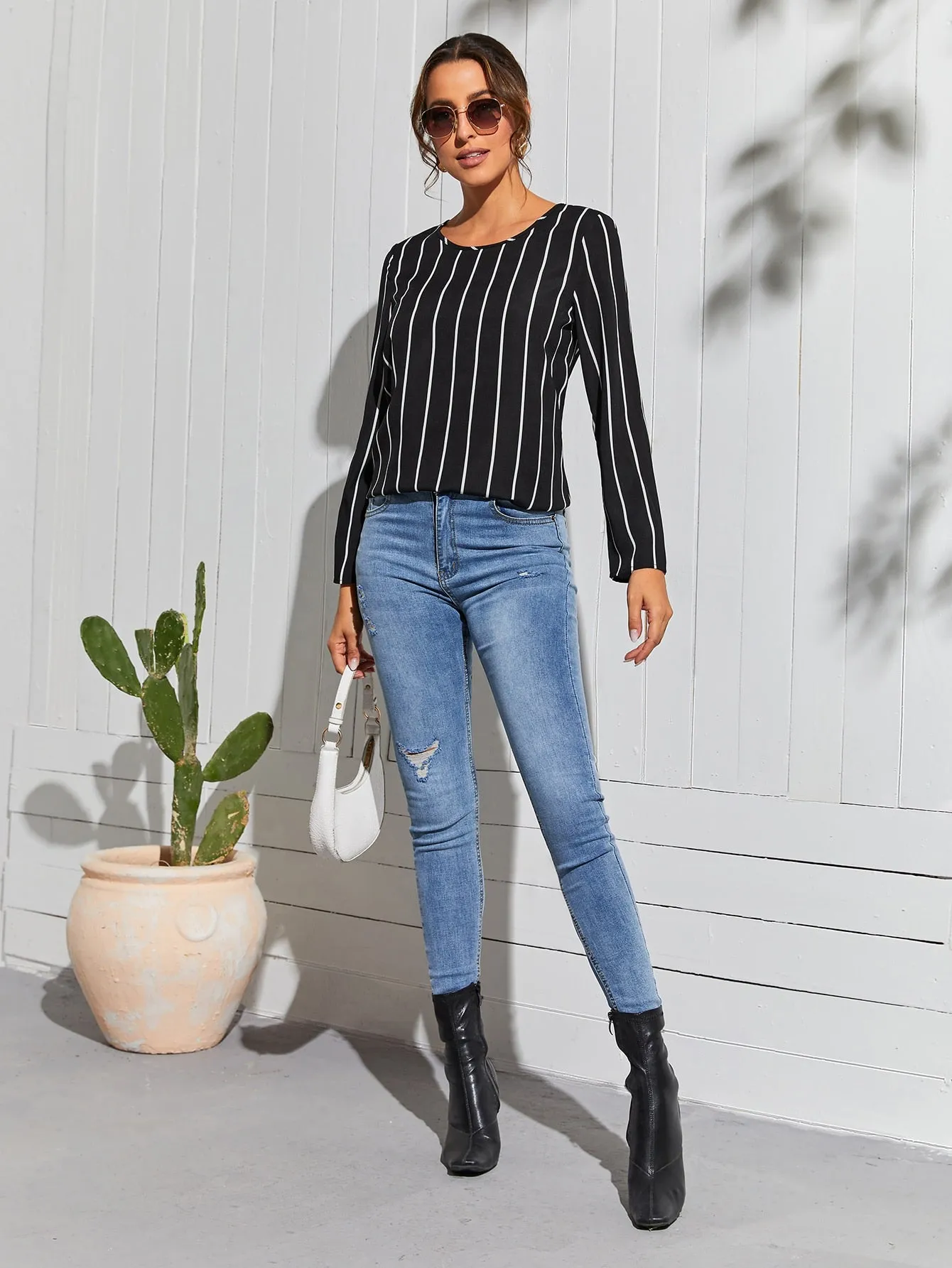 Elegant Striped Long Sleeve Round Neck Regular Blouse