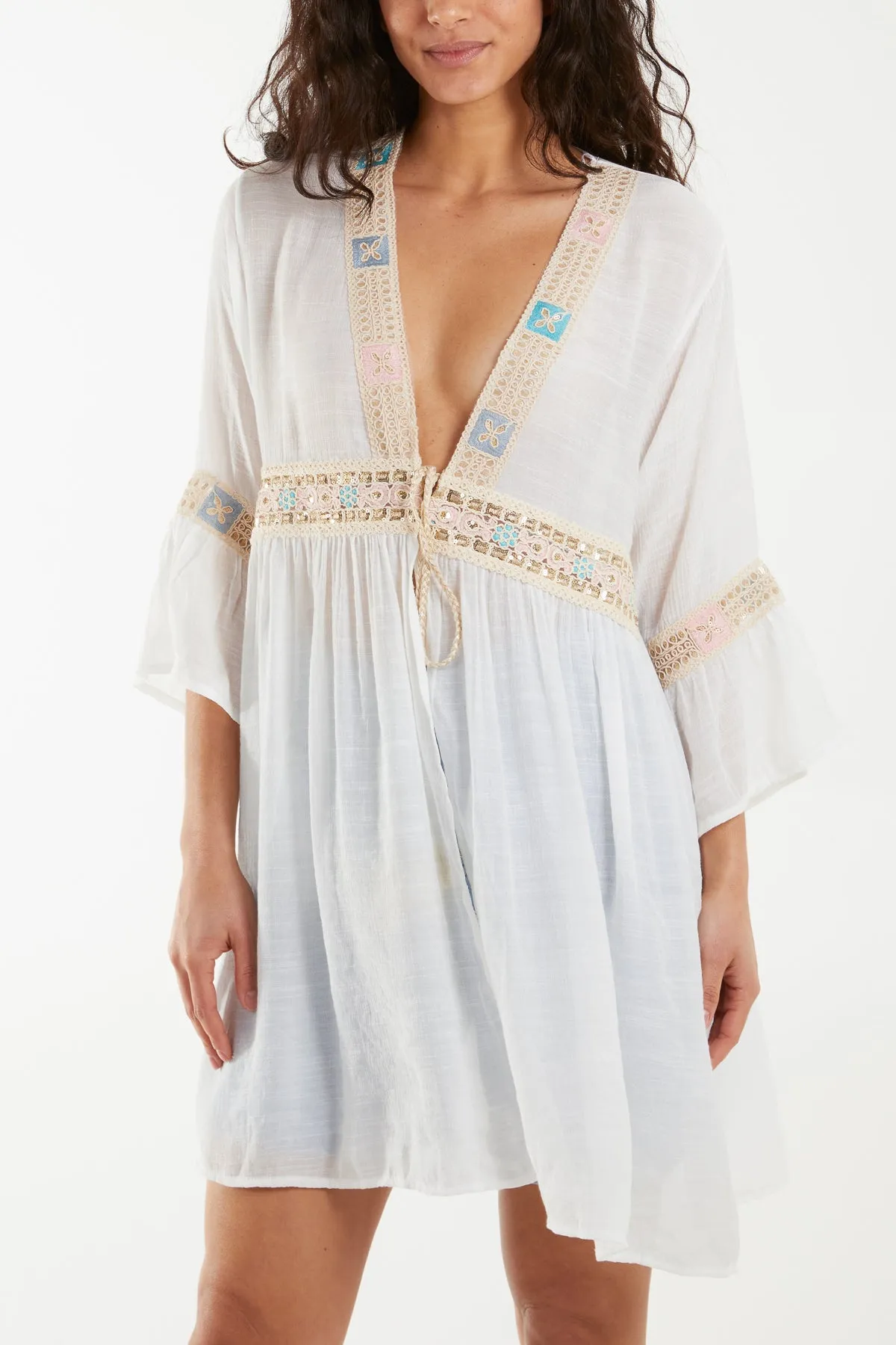 Embroidery & Tassel Cotton Tie Kimono