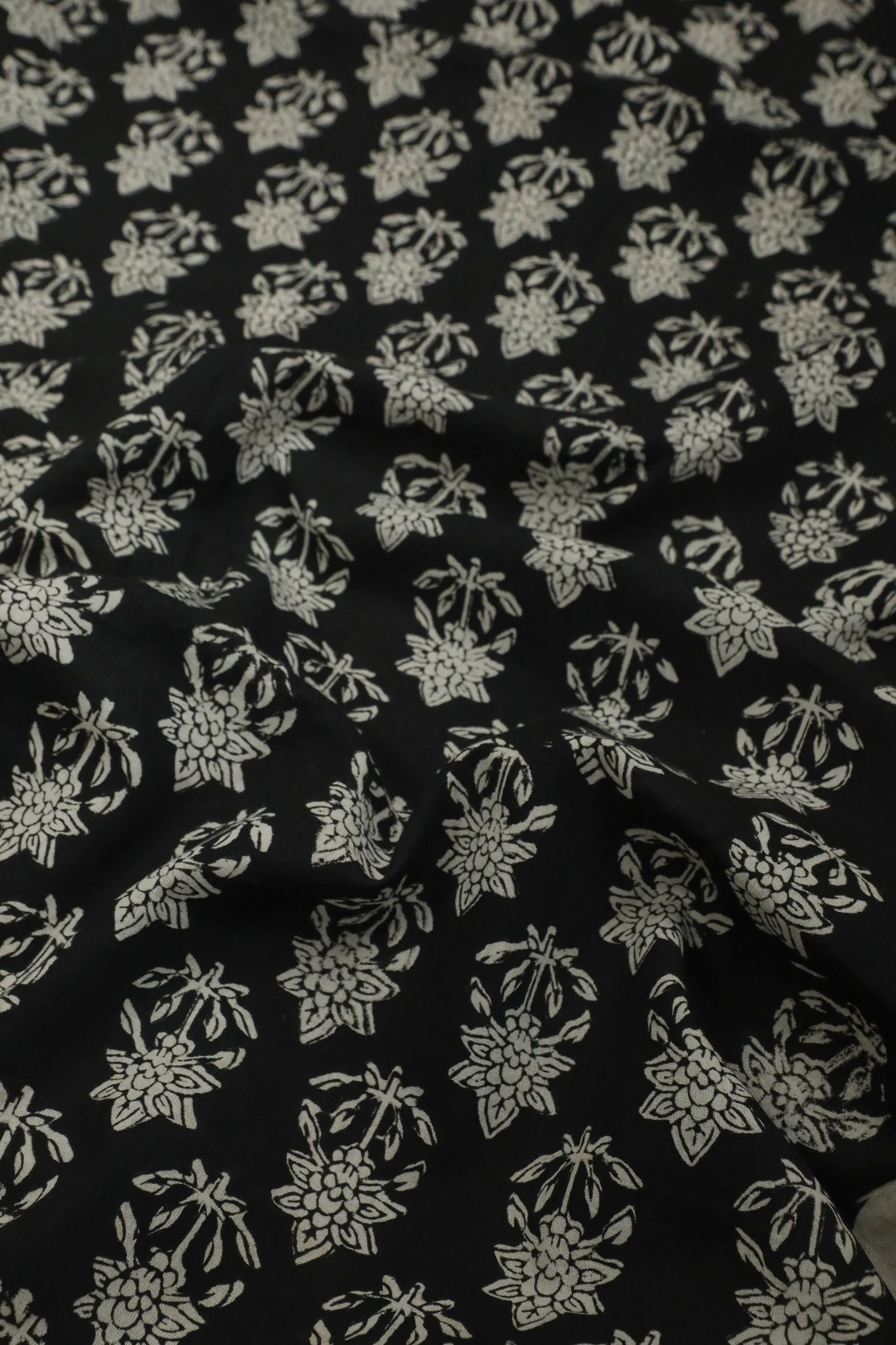 Florets Butta on Black Bagru Cotton Fabric - 1m