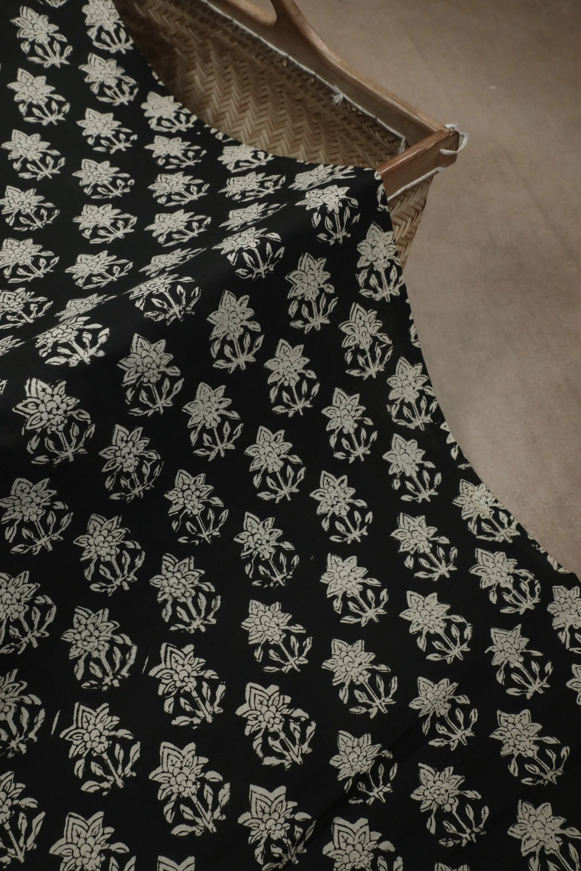 Florets Butta on Black Bagru Cotton Fabric - 1m