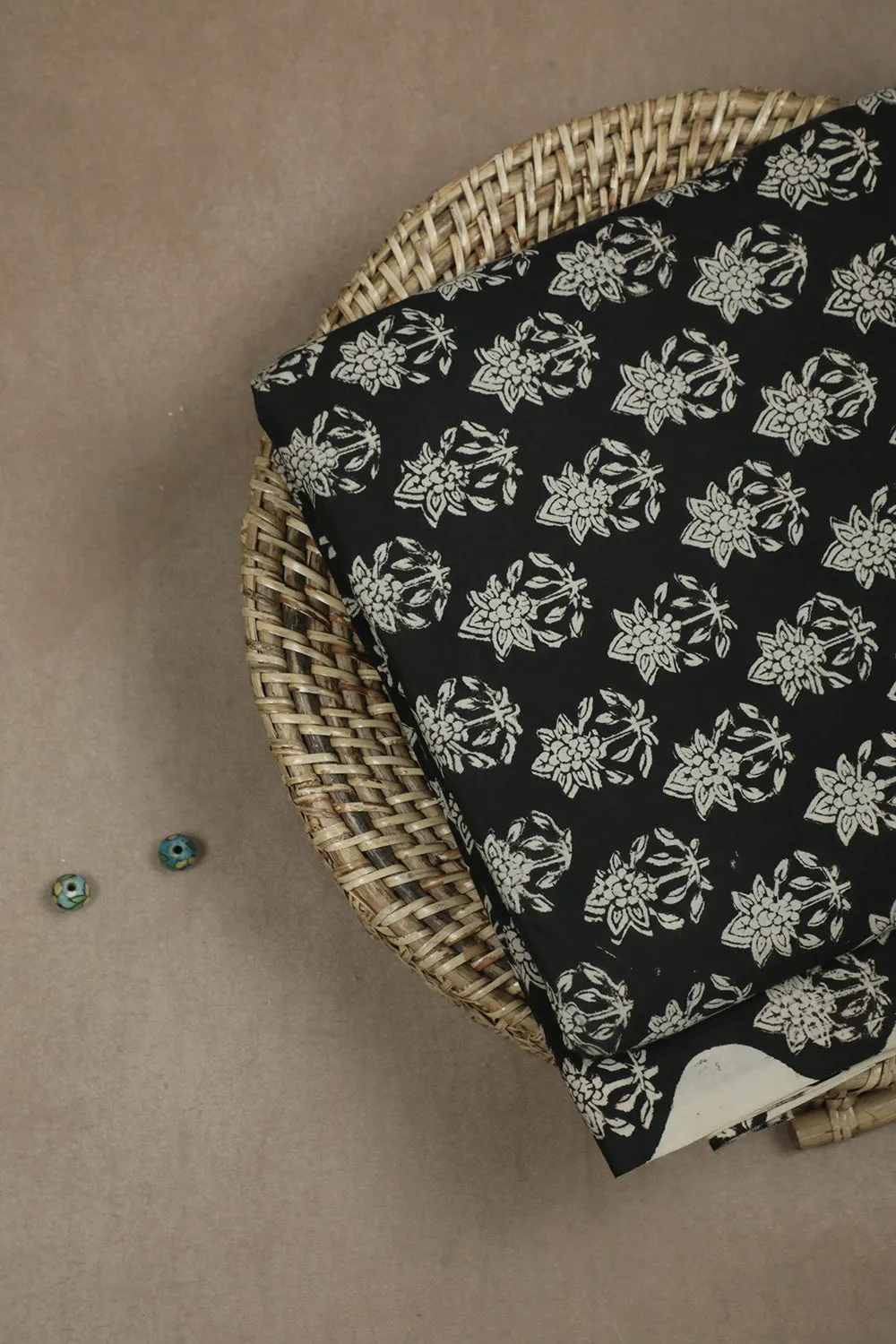 Florets Butta on Black Bagru Cotton Fabric - 1m