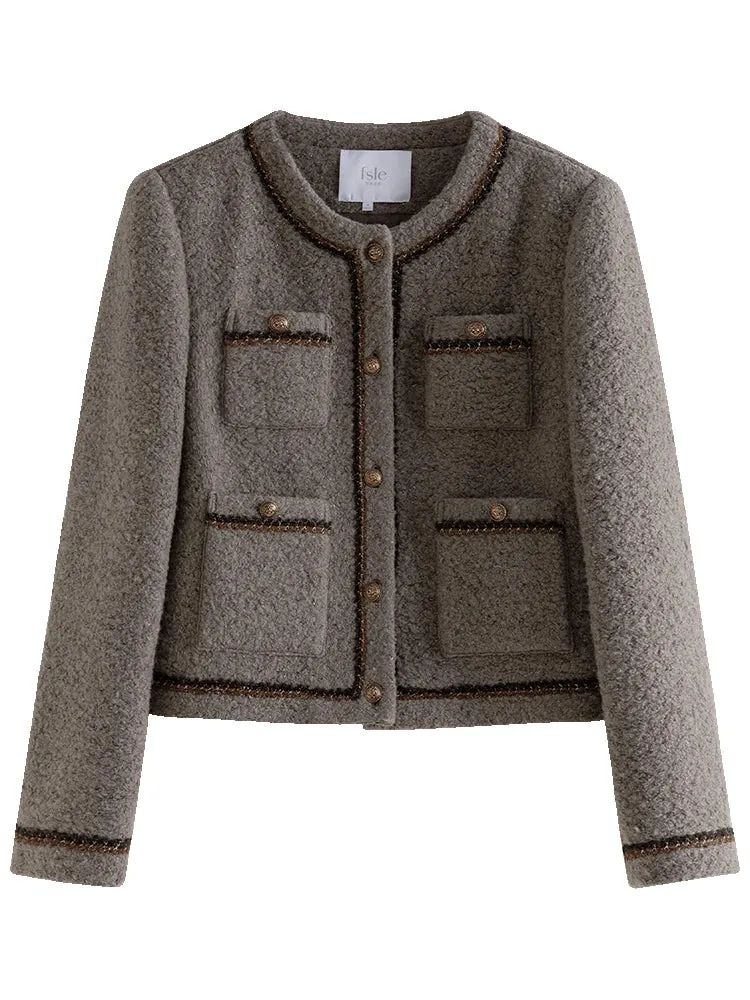 French Fragrant Short Winter Loose Contrast Grey Brown Casual Coats