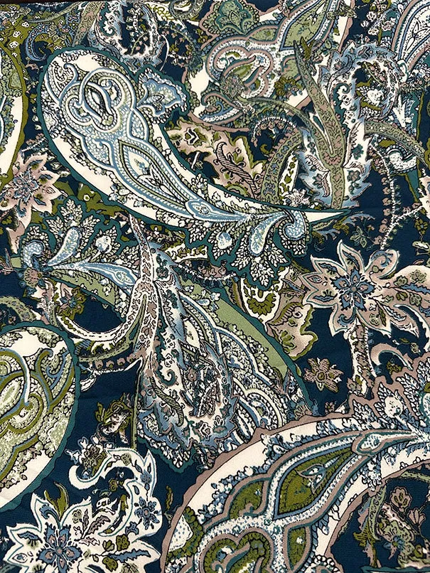Green Multi Paisley Print Poly Georgette Fabric