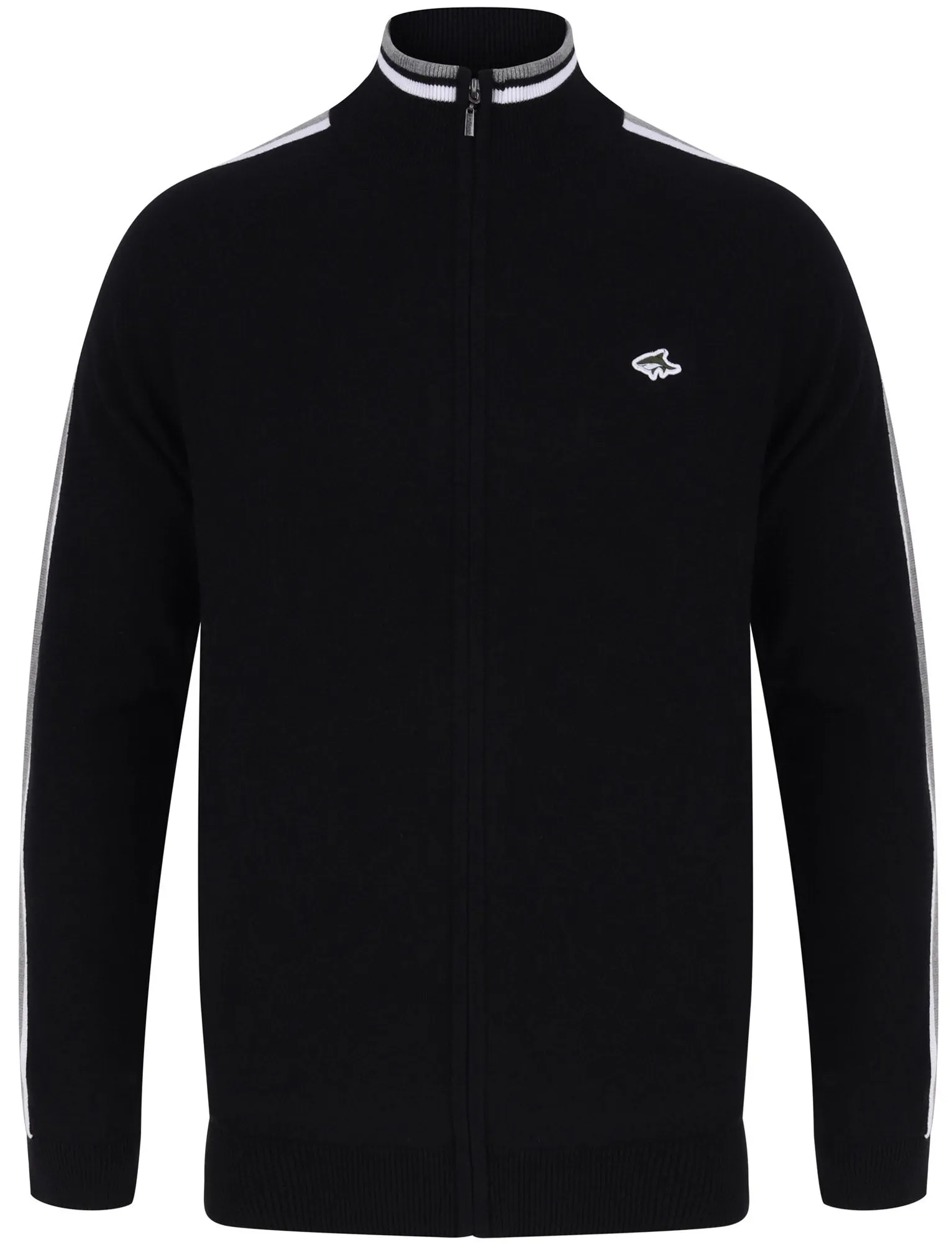 Hemmings Zip Up Funnel Neck Cardigan with Stripes in Jet Black - Le Shark