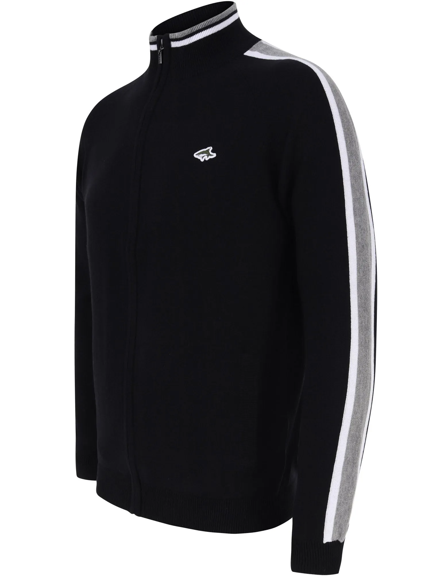 Hemmings Zip Up Funnel Neck Cardigan with Stripes in Jet Black - Le Shark