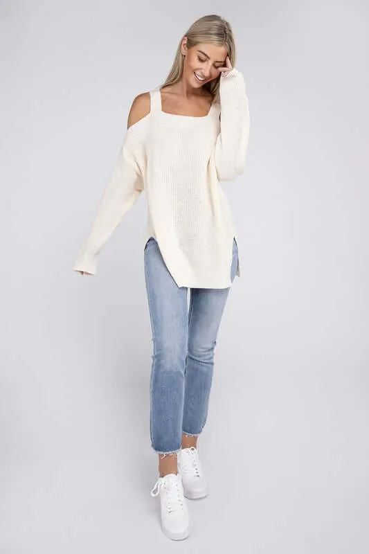 Ivory Ribbed Off The  Shoulder Sweater