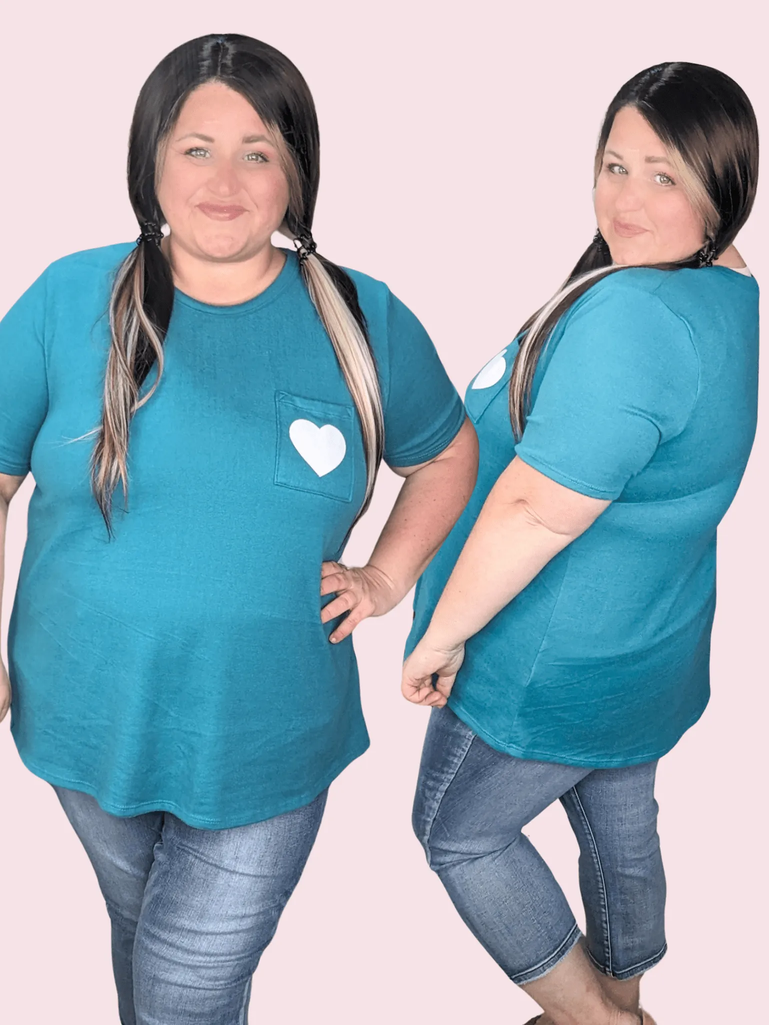 Kensie Teal Flowy Tee w/Heart Pocket
