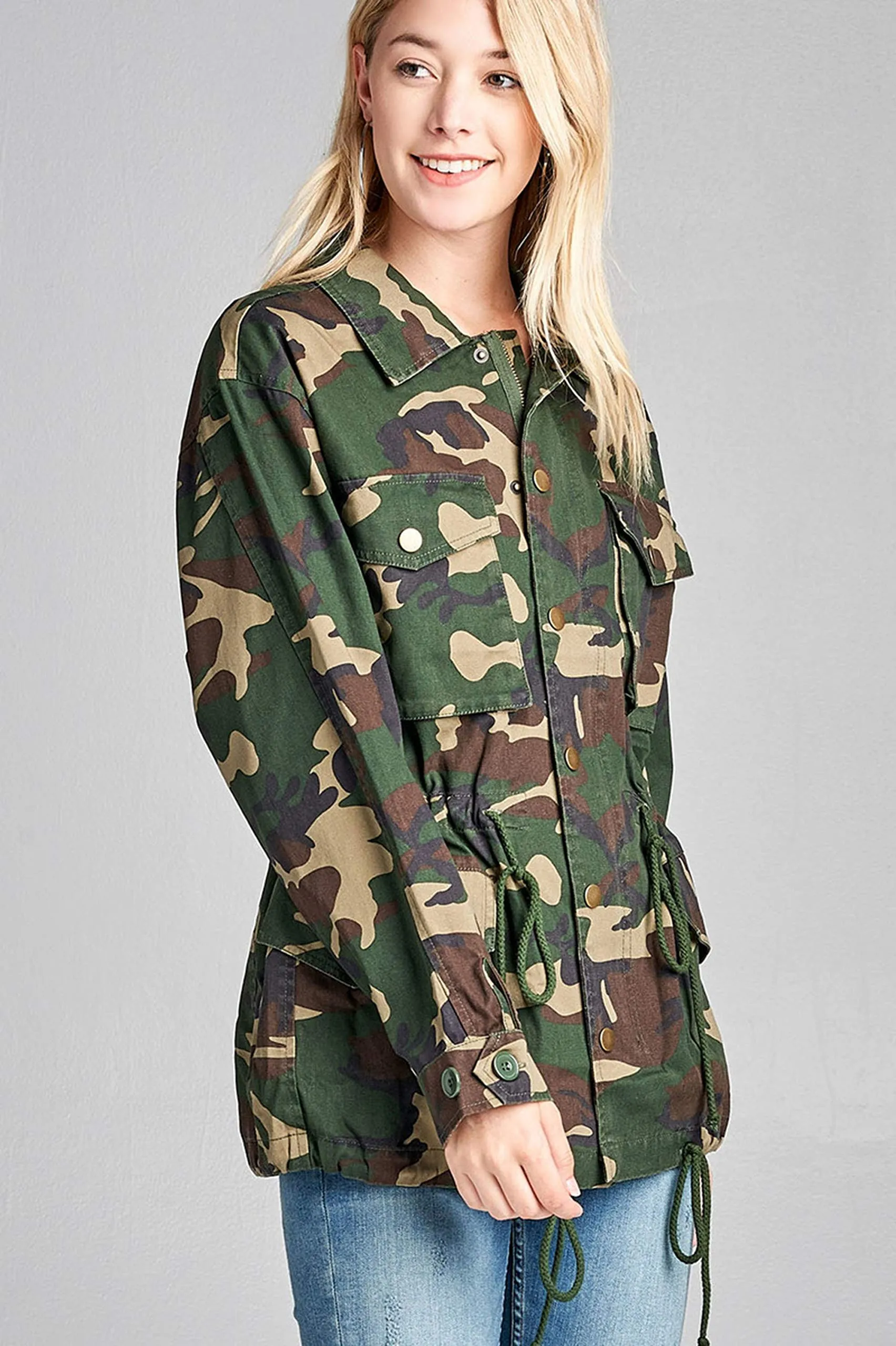 Khanomak Women's Oversized Camouflage Print Utility Long Jacket