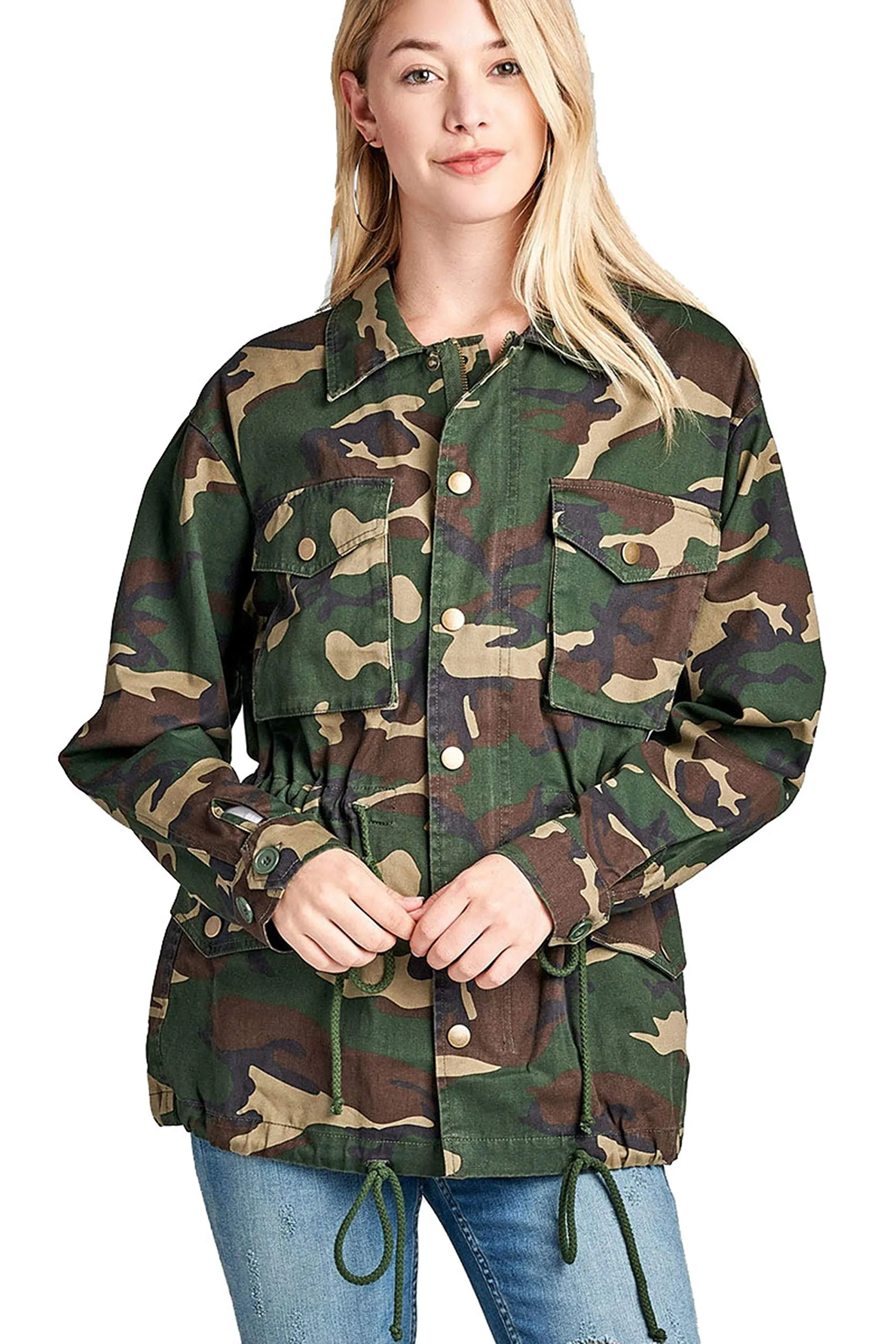 Khanomak Women's Oversized Camouflage Print Utility Long Jacket