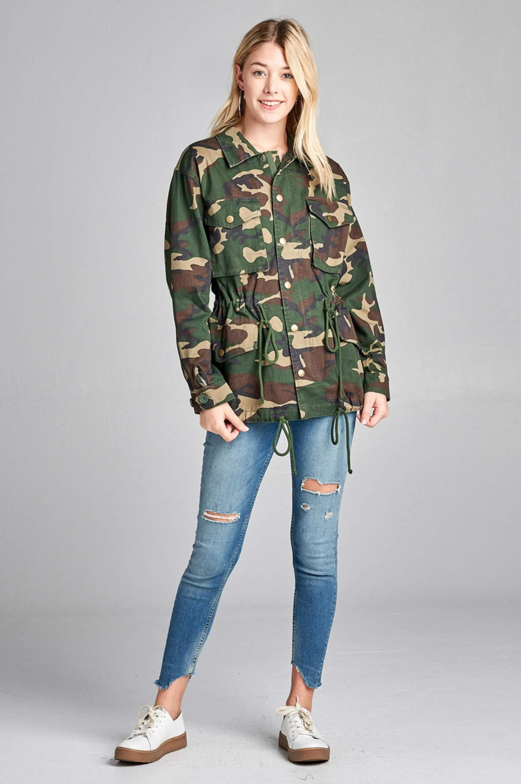 Khanomak Women's Oversized Camouflage Print Utility Long Jacket