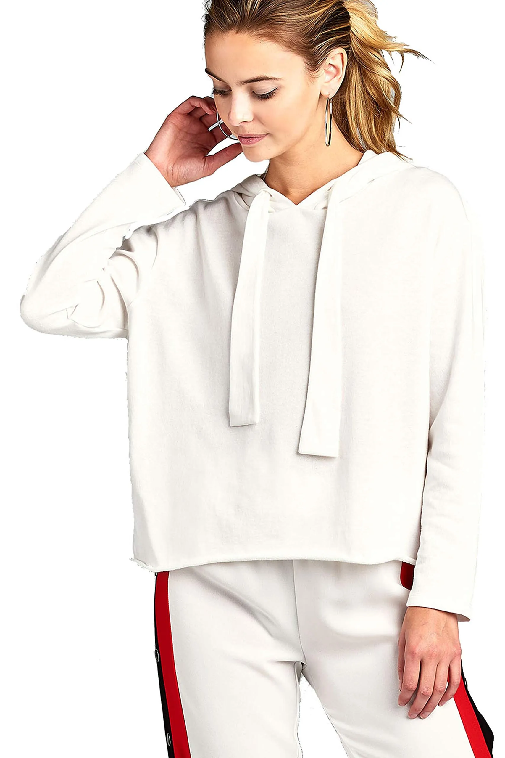 Khanomak Women's Solid Raw Hem Hooded Cropped Loose Fit Sweatshirt