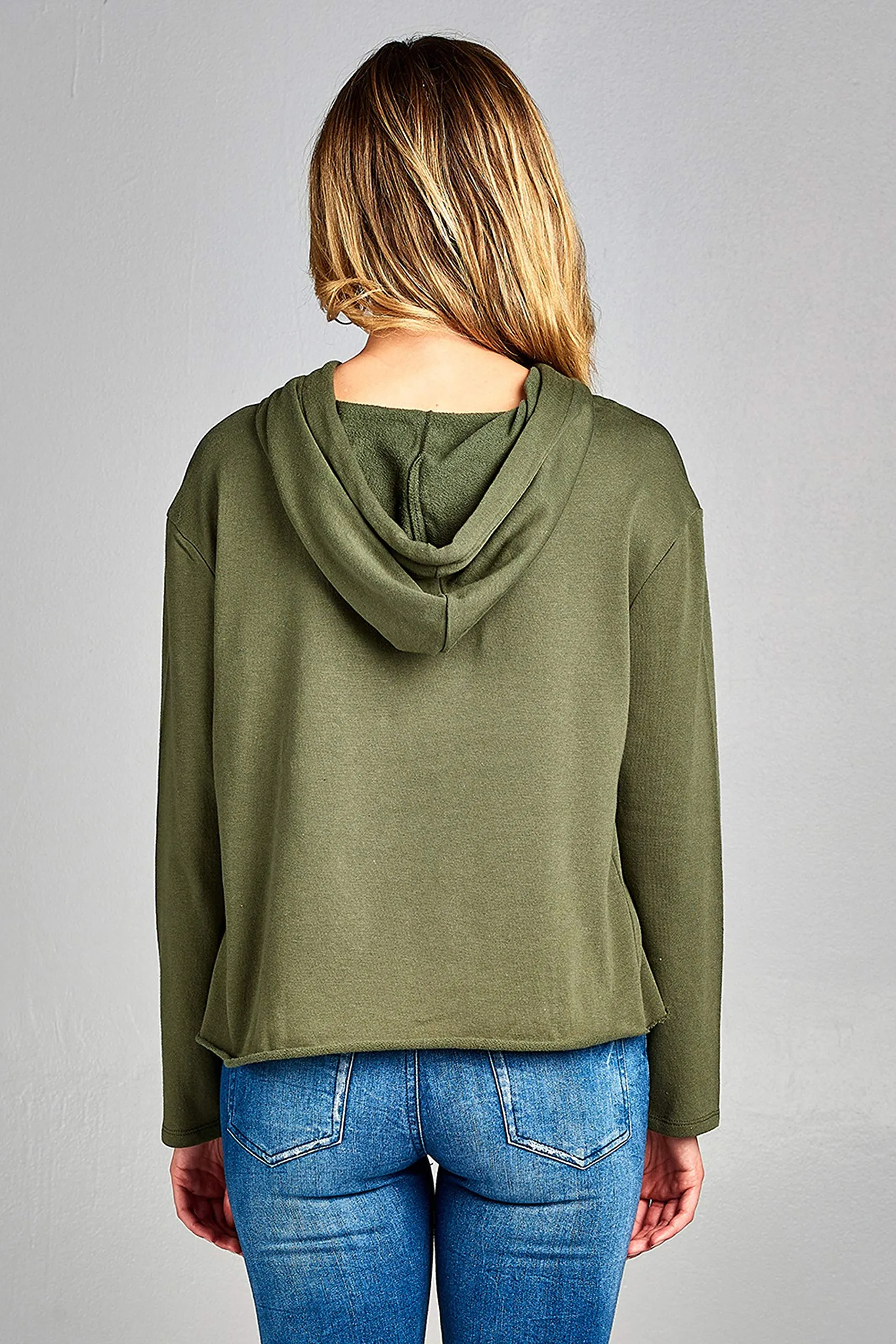 Khanomak Women's Solid Raw Hem Hooded Cropped Loose Fit Sweatshirt
