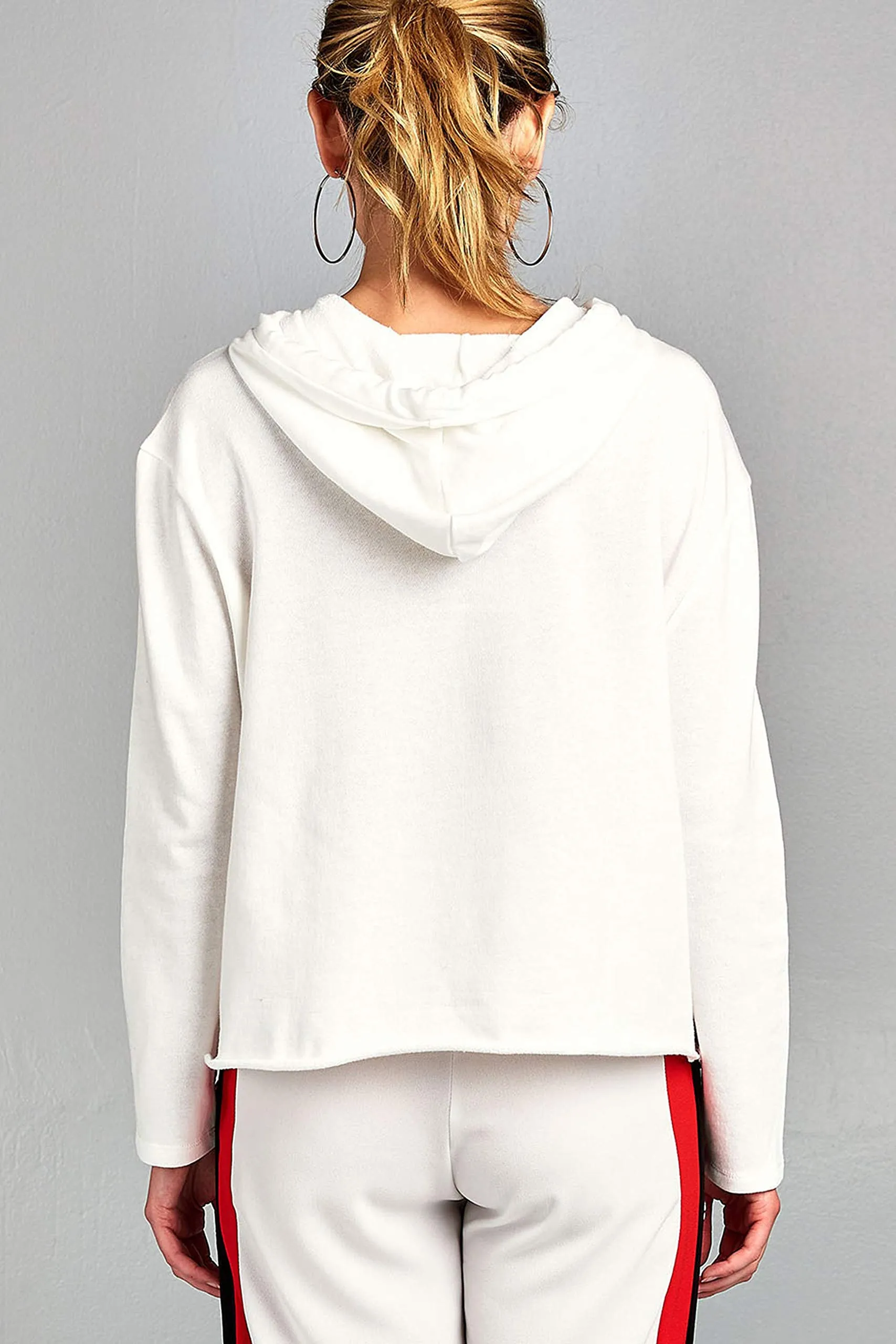 Khanomak Women's Solid Raw Hem Hooded Cropped Loose Fit Sweatshirt