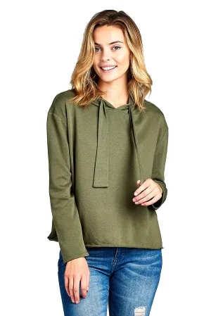 Khanomak Women's Solid Raw Hem Hooded Cropped Loose Fit Sweatshirt