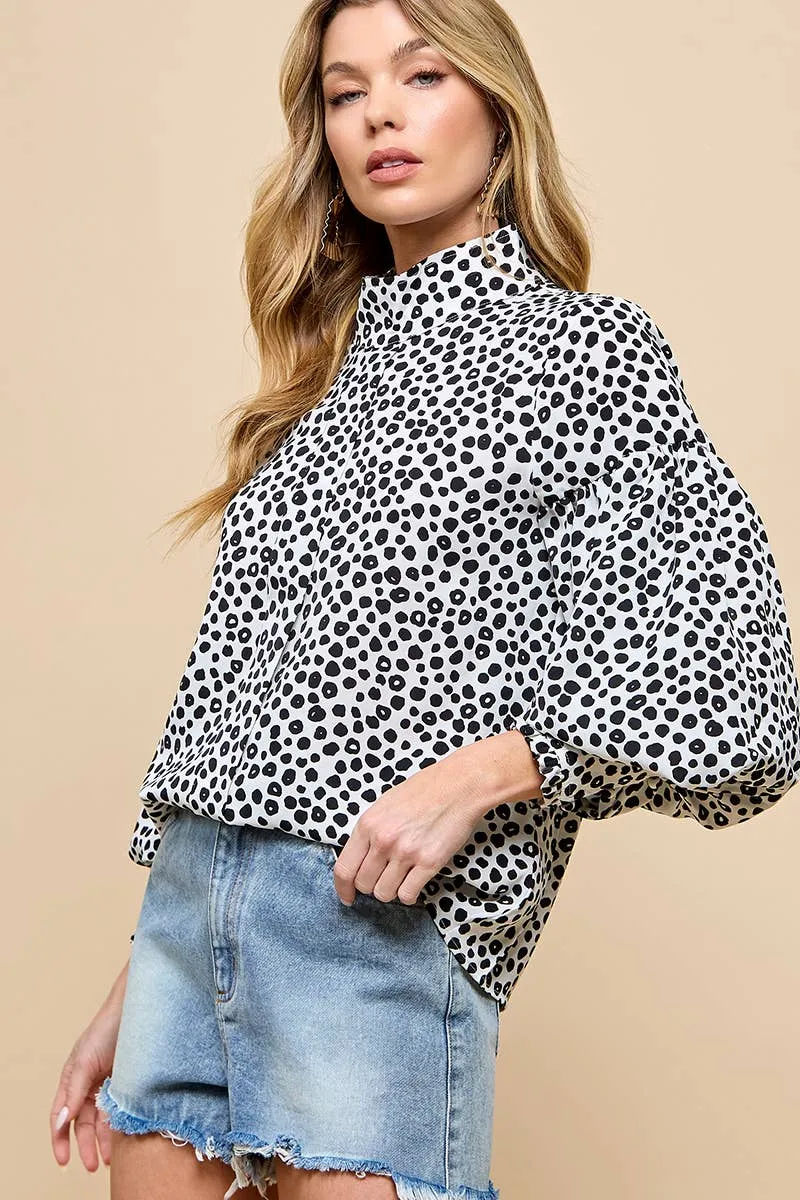 Lantern Sleeve Blouse W/ Black Dot