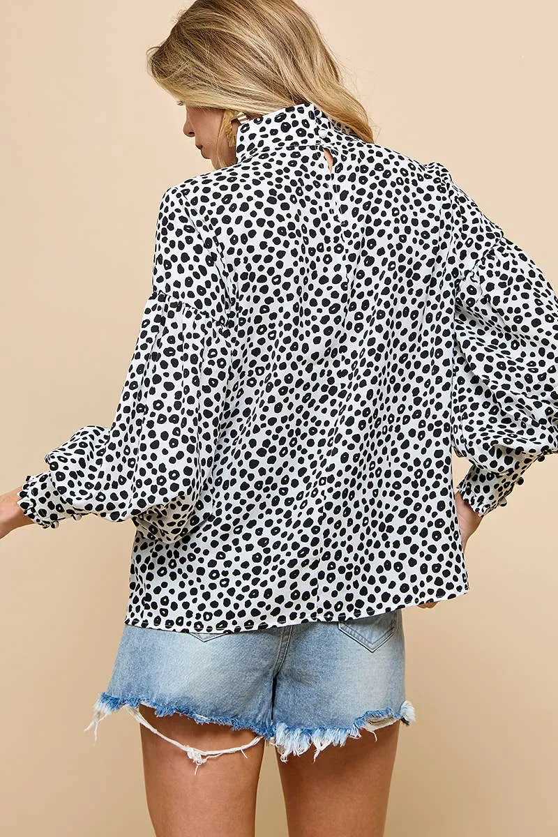 Lantern Sleeve Blouse W/ Black Dot