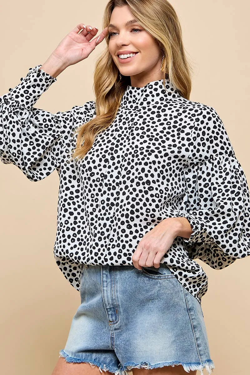 Lantern Sleeve Blouse W/ Black Dot