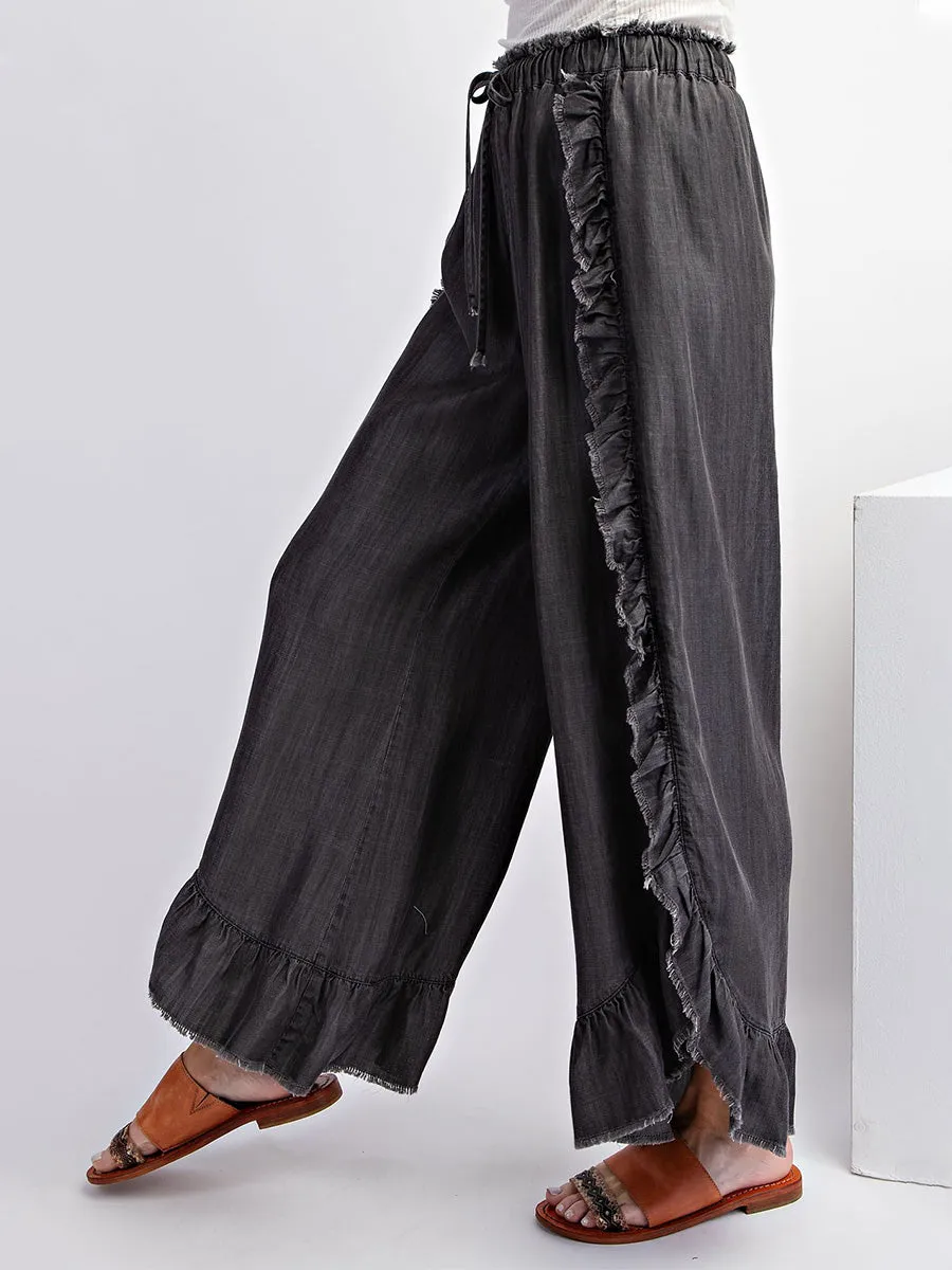 Loose Fit Drawstring Ruffle Wide Leg Denim Pants