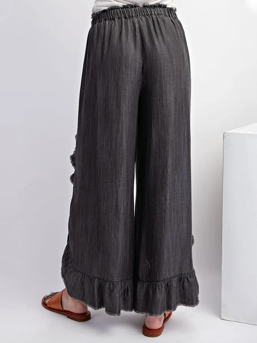 Loose Fit Drawstring Ruffle Wide Leg Denim Pants