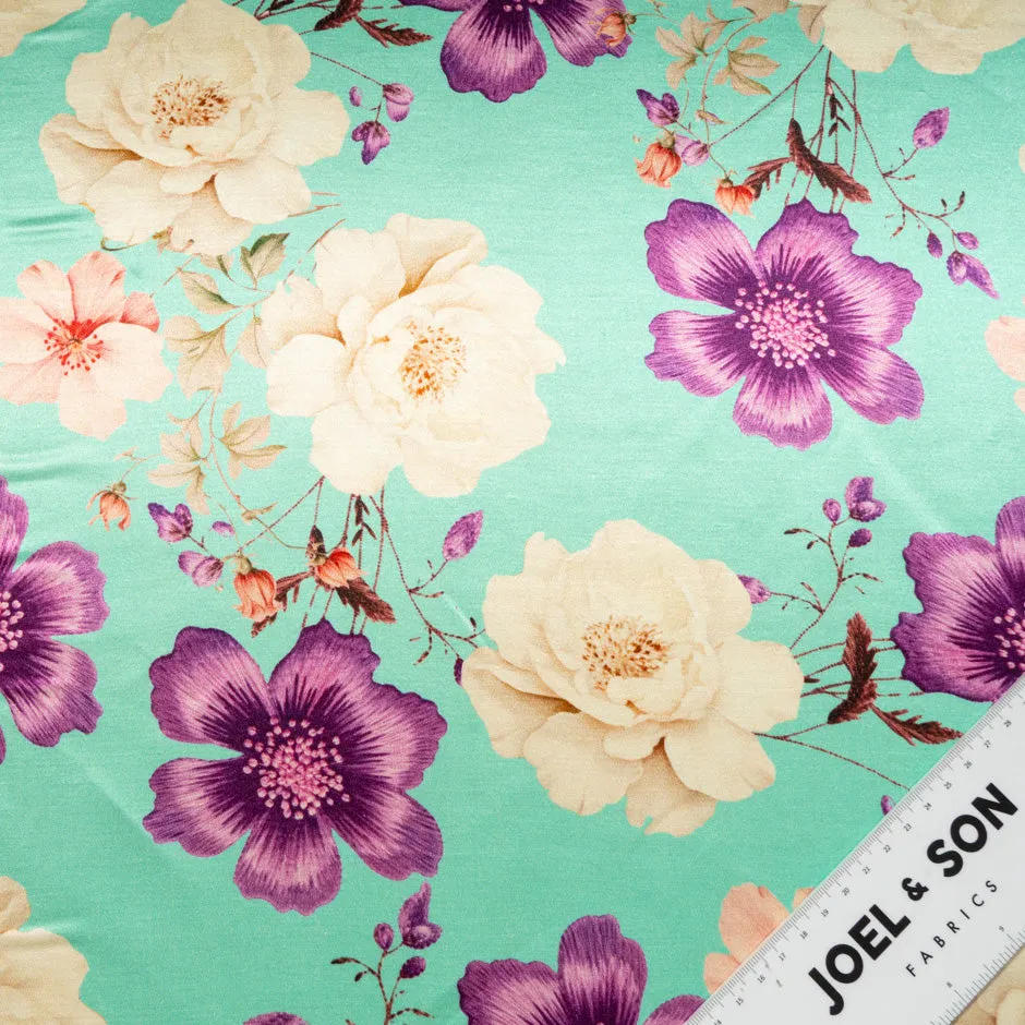 Magenta Floral Printed Mint Double Silk Satin (A 2.75m Piece)