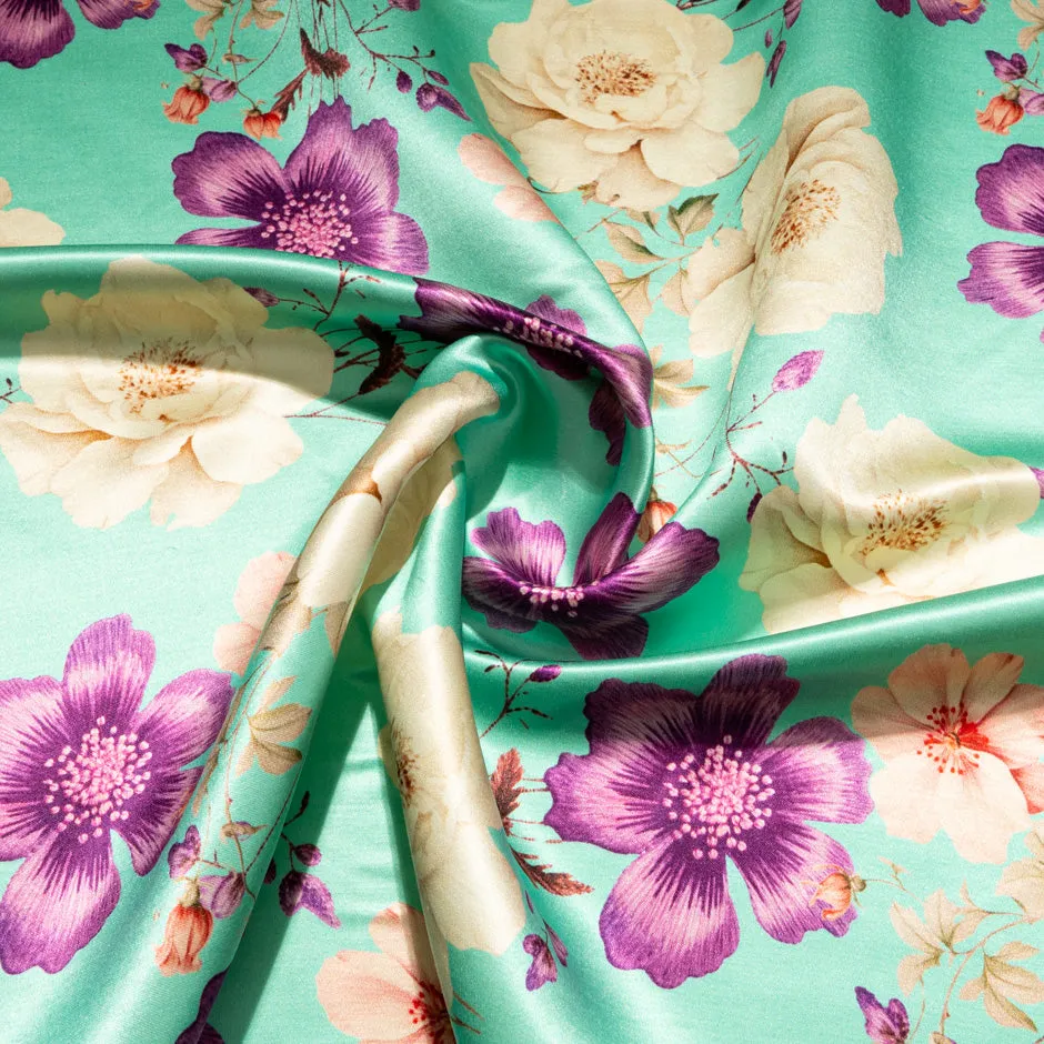 Magenta Floral Printed Mint Double Silk Satin (A 2.75m Piece)