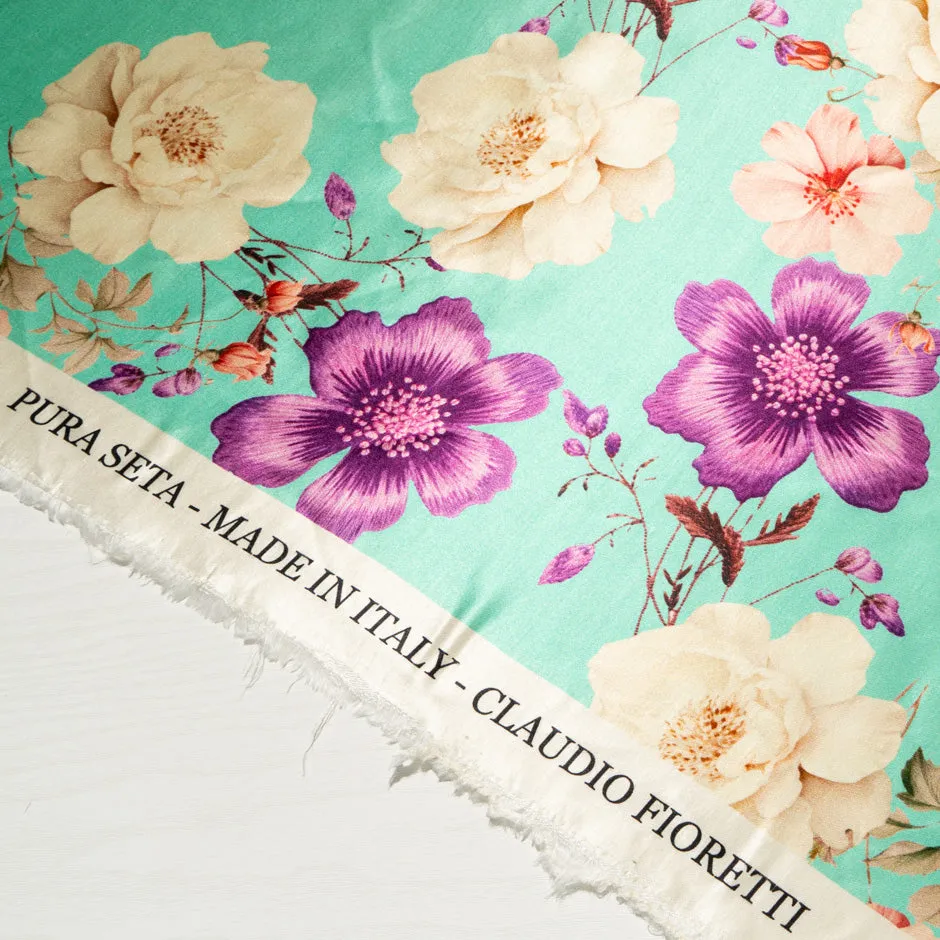 Magenta Floral Printed Mint Double Silk Satin (A 2.75m Piece)