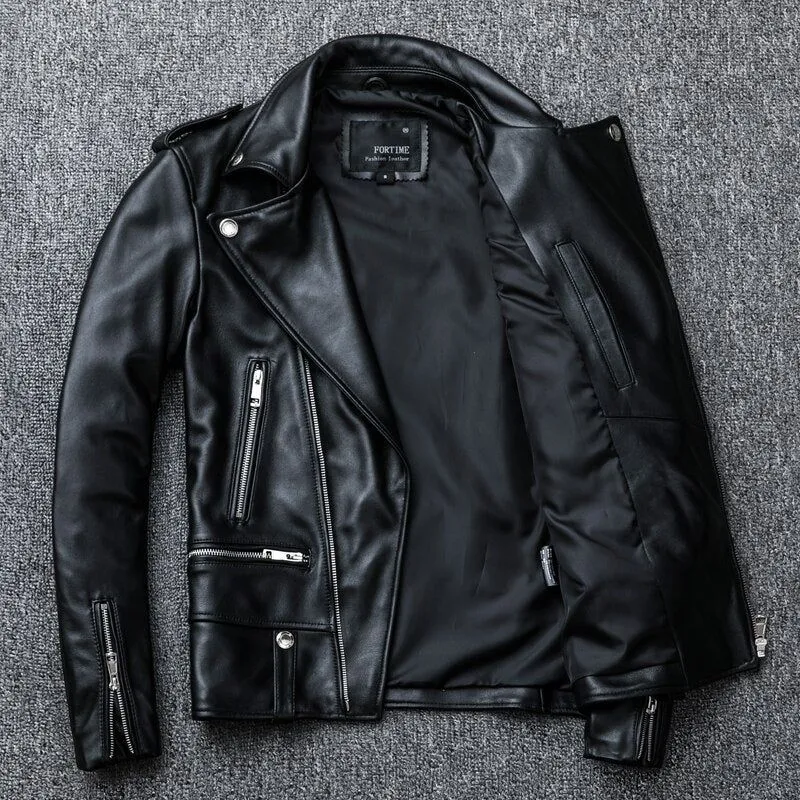 Men's Genuine Leather Jacket. Classic Cool Biker Style. Sheepskin.