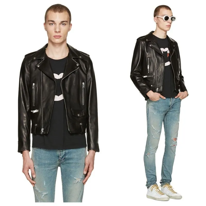 Men's Genuine Leather Jacket. Classic Cool Biker Style. Sheepskin.