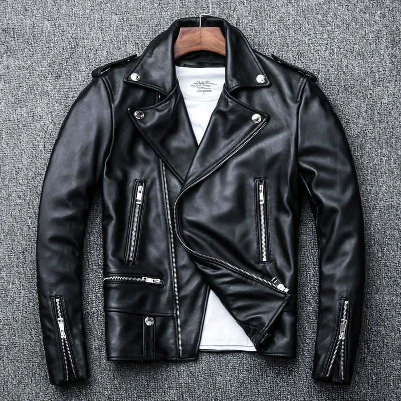 Men's Genuine Leather Jacket. Classic Cool Biker Style. Sheepskin.