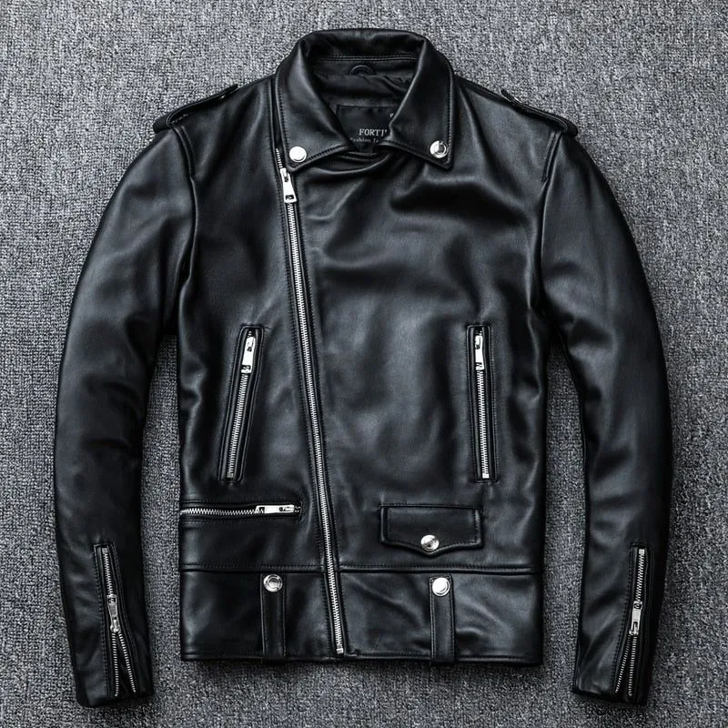Men's Genuine Leather Jacket. Classic Cool Biker Style. Sheepskin.