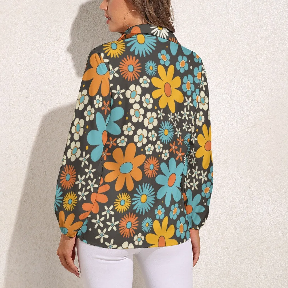 Mod Floral Shirt, Retro Top Women, 60s inspired blouse, mod 60s top, Women's Blouses, Long Sleeve Top, Semi Sheer Top