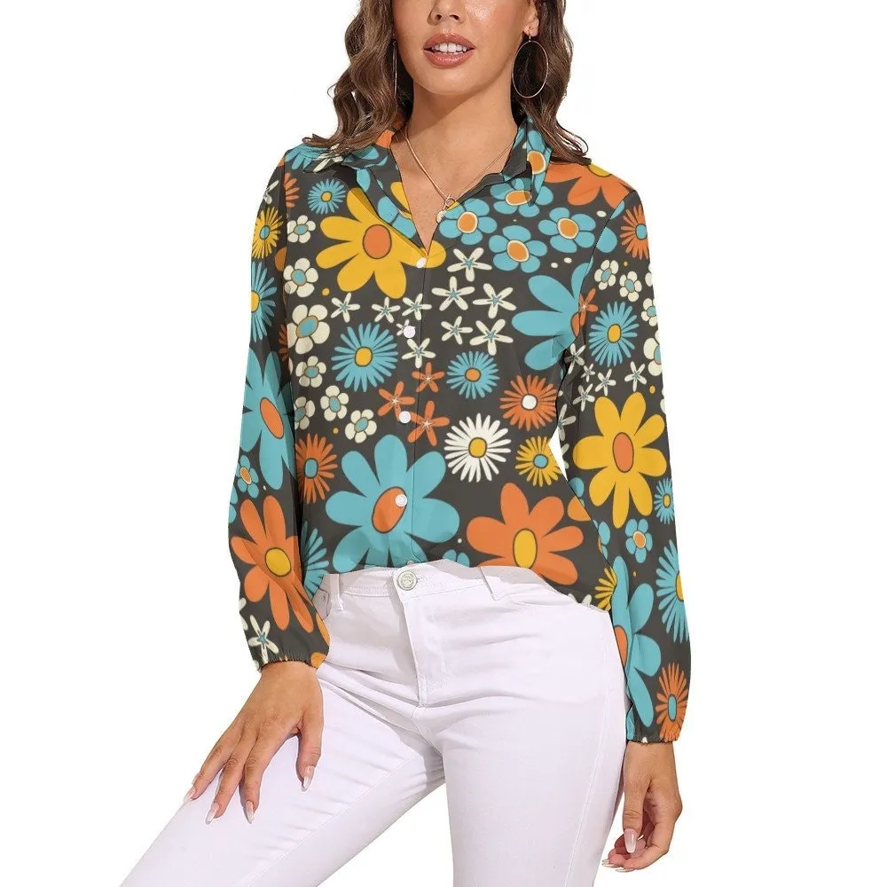 Mod Floral Shirt, Retro Top Women, 60s inspired blouse, mod 60s top, Women's Blouses, Long Sleeve Top, Semi Sheer Top