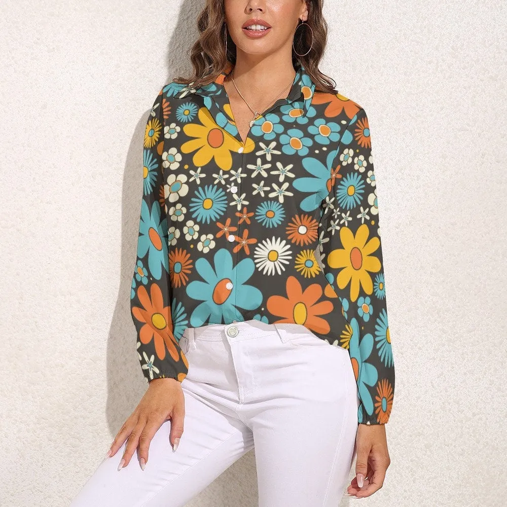 Mod Floral Shirt, Retro Top Women, 60s inspired blouse, mod 60s top, Women's Blouses, Long Sleeve Top, Semi Sheer Top