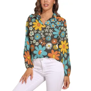 Mod Floral Shirt, Retro Top Women, 60s inspired blouse, mod 60s top, Women's Blouses, Long Sleeve Top, Semi Sheer Top