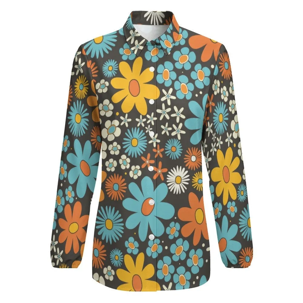 Mod Floral Shirt, Retro Top Women, 60s inspired blouse, mod 60s top, Women's Blouses, Long Sleeve Top, Semi Sheer Top