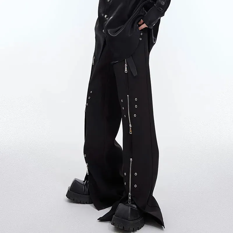 Multi-Zipper Metal Decoration Solid Pants